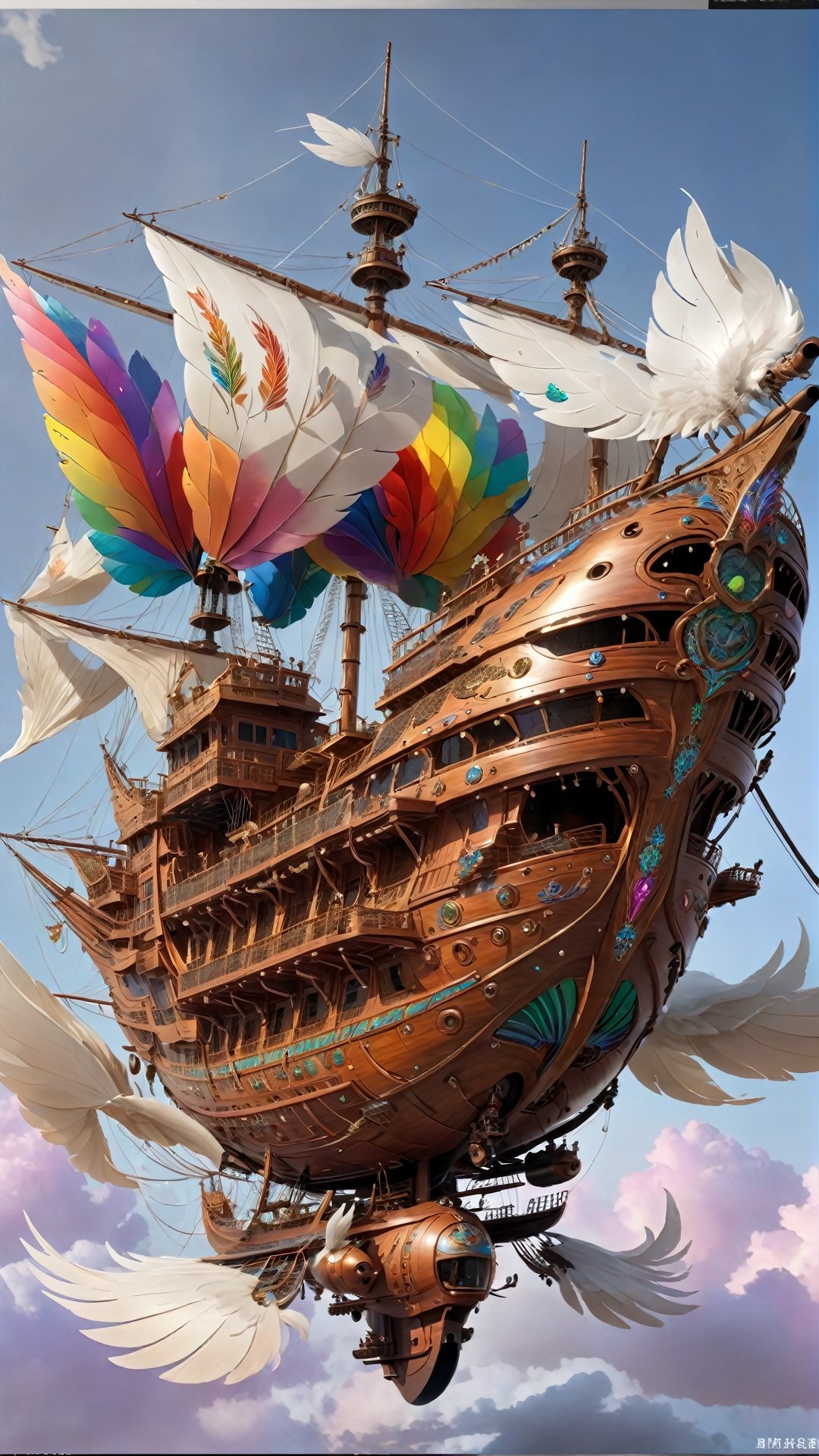 (Oriental ship concept: 1.5) Ancient Chinese martial arts style, Shenzhou (hyper-realistic thick stroke style: 1.5) full-body ship (complex details) The fairy bird airship is an elegant vehicle for cultivating immortals. Its appearance looks like a huge Fairy bird, its wings are like white clouds, its hull is made of precious fairy wood, and its wood texture is as smooth as silk. The stern of the airship is decorated with rainbow feathers, each feather is inlaid with gems, emitting a brilliant light