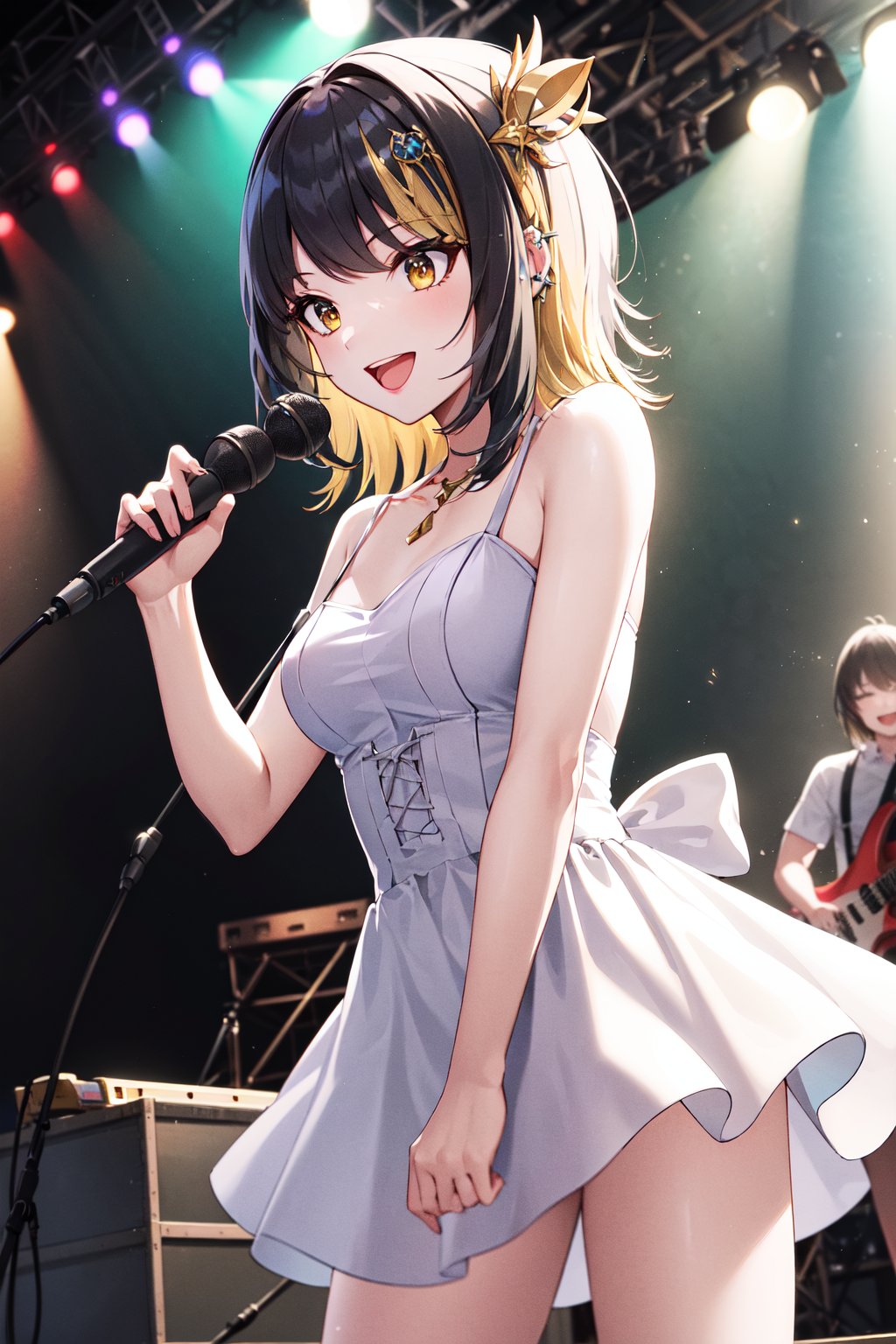 masterpiece, best quality, highres, aaluca, medium hair, multicolored hair, piercing, medium breasts, <lora:ikaruga_luca_v1:0.7>, idol clothes, dress, hair ornament, stage, standing, smile, open mouth, singing, holding instrument, guitar, microphone stand, 