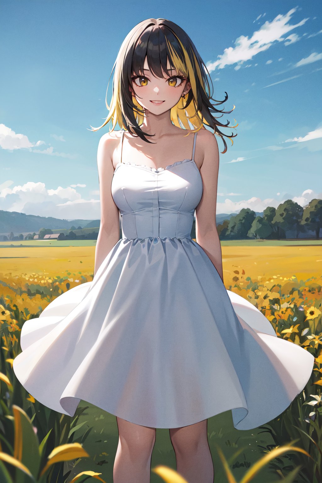 masterpiece, best quality, highres, aaluca, medium hair, multicolored hair, piercing, medium breasts, white dress, <lora:ikaruga_luca_v1:0.7>, field, standing, wind, smile