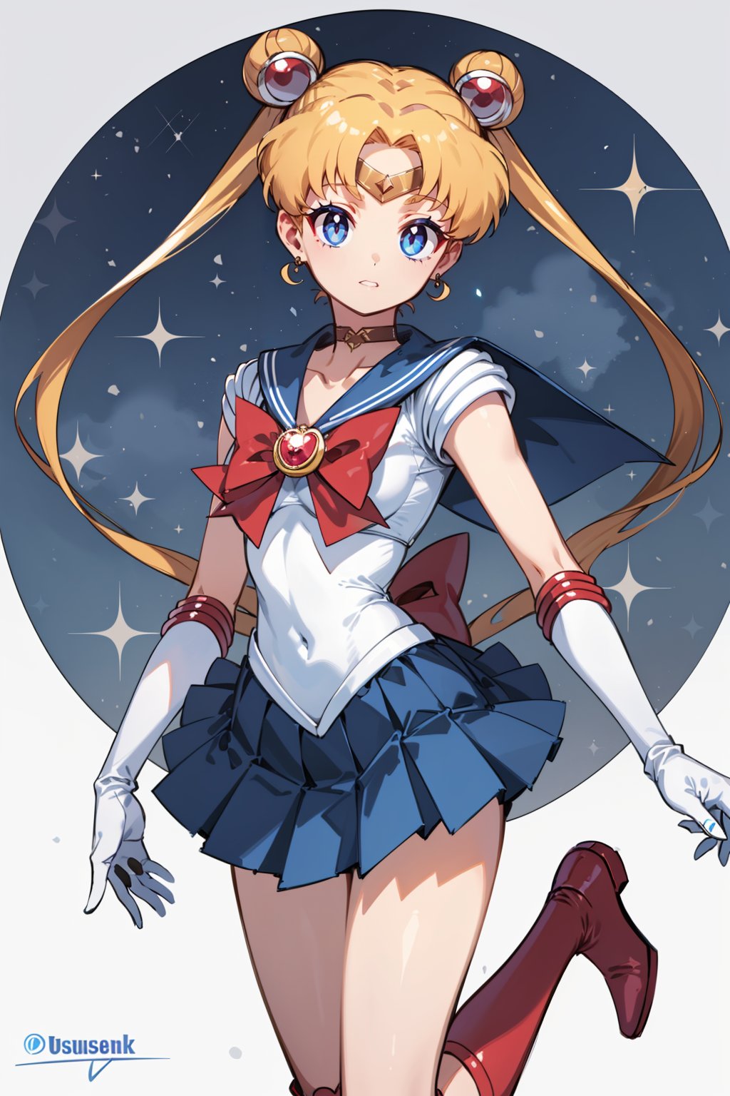 (masterpiece,  best quality),  ultra detailed,  1girl,  sailor moon,  tsukino usagi,  double bun,  blonde hair,  blue eyes,  twintails,  hair ornament,  tiara,  sailor senshi uniform,  skirt,  gloves,  blue sailor collar,  choker,  red choker,  sailor collar,  white gloves,  jewelry,  elbow gloves,  blue skirt,  earrings,  bow,  red bow,  red footwear,  knee boots, <lora:EMS-74972-EMS:0.500000>