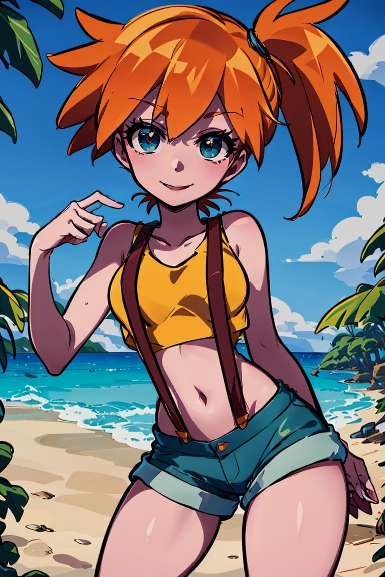 <lora:Sameyama_Jiro_Style_Dim32:0.8>, solo, pretty girl, cute girl, ((masterpiece,best quality)), absurdres, <lora:Misty_Pokemon_v2_Anime:0.7>, Misty_Pokemon, yellow crop top, suspenders, side ponytail, orange hair, denim shorts, solo, smiling, looking at viewer, hand behind back,  cowboy shot, cinematic composition, contrapposto, tropical beach,