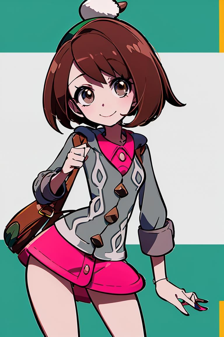 <lora:Sameyama_Jiro_Style_Dim32:1>, ((masterpiece,best quality)), absurdres,  <lora:gloria_(pokemon)_v1:0.7>,  gloria \(pokemon\), brown hair, solo, backpack, brown eyes, tam o' shanter, grey cardigan, pink dress, short hair, green socks, socks, brown bag, bob cut, bangs, long sleeves, collared dress,  solo, smiling, looking at viewer, cowboy shot,  cinematic composition, contrapposto, 