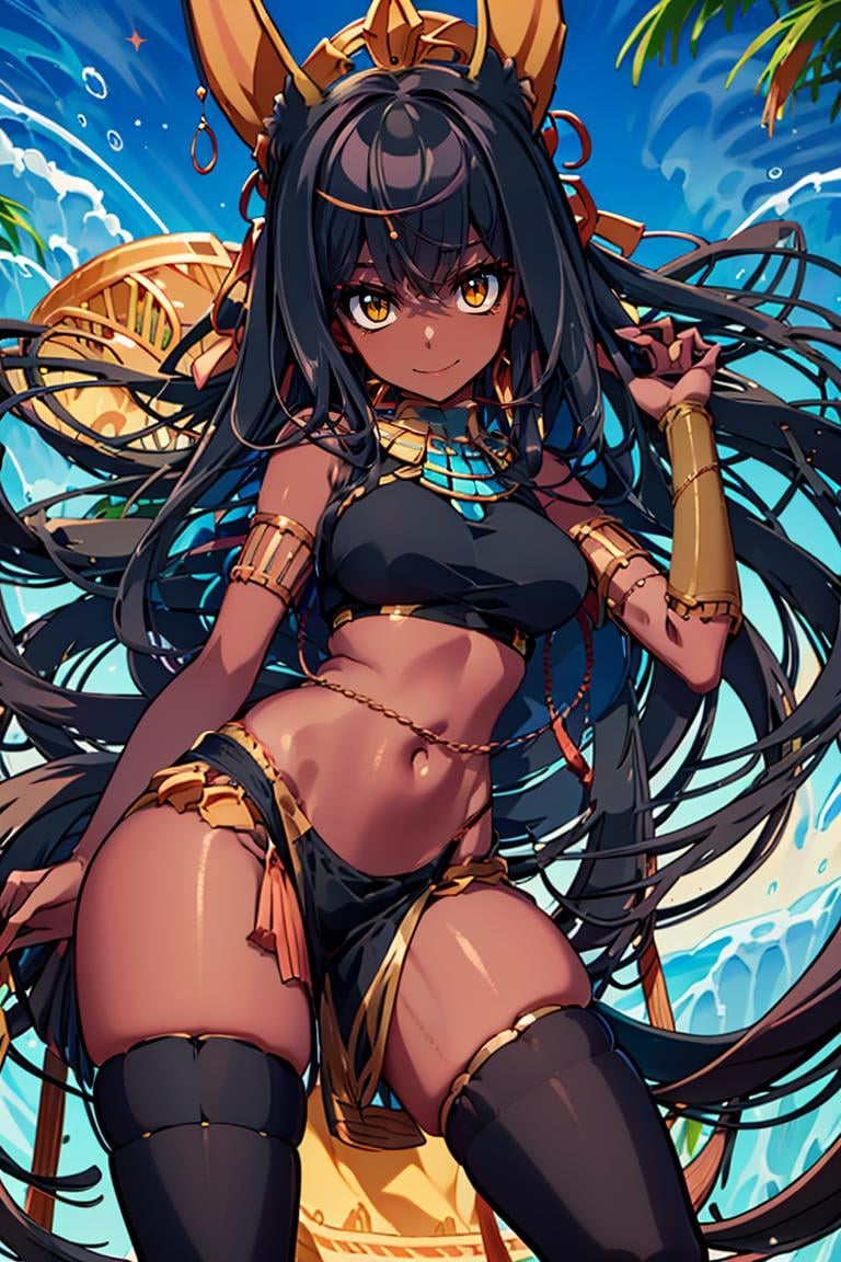 <lora:Sameyama_Jiro_Style_Dim32:0.8>, ((masterpiece,best quality)), absurdres, <lora:Anubis_Citron_OC_Anime:1>, Anubis_Citron_OC, (dark skin), black hair, yellow eyes, pelvic curtain, crop top, thighhighs,  ,  solo, smiling, looking at viewer, cowboy shot,  cinematic composition, , contrapposto,