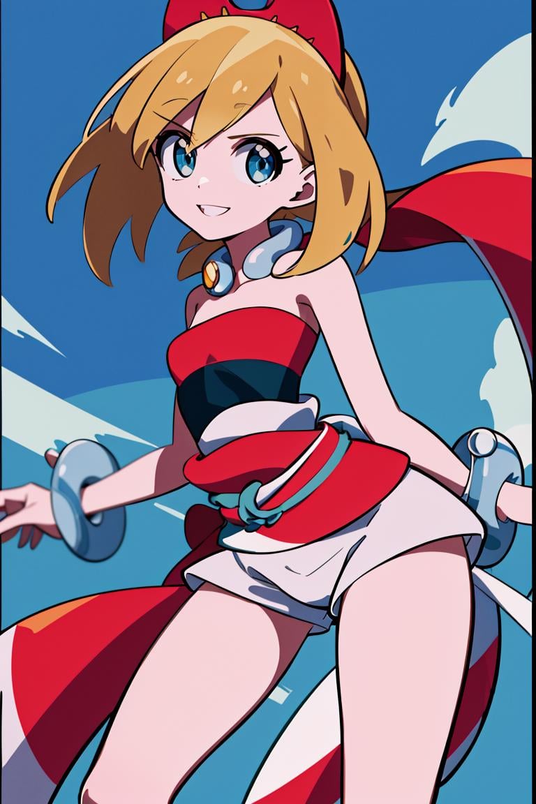 <lora:Sameyama_Jiro_Style_Dim32:0.8>, ((masterpiece,best quality)), absurdres,  <lora:irida_(pokemon)_v1:0.7>, aairida, short hair, red hairband, neck ring, collar, strapless shirt, red shirt, bracelet, sash, waist cape, white shorts, bare legs, solo, smiling, looking at viewer, cowboy shot,  cinematic composition, contrapposto,