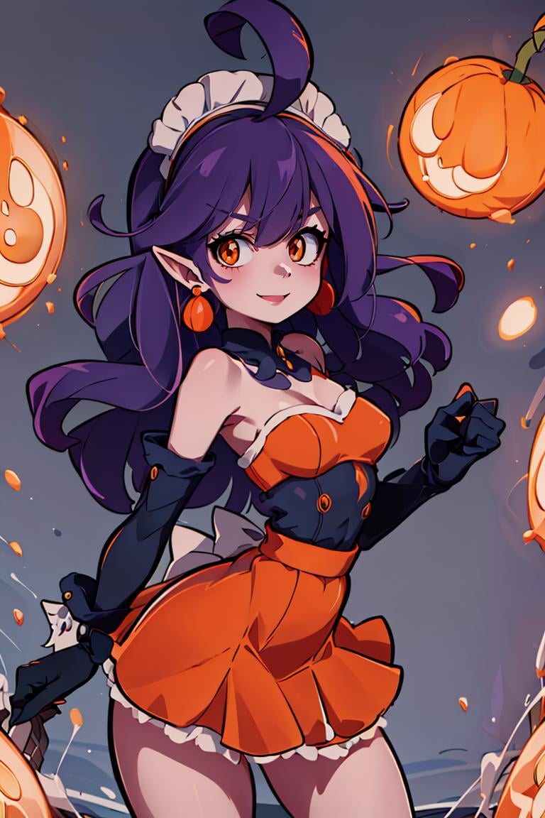 <lora:Sameyama_Jiro_Style_Dim32:0.8>, ((masterpiece,best quality)), absurdres, <lora:Stardust_Pumpkins_Citron_OC_Anime:0.8>, Stardust_Pumpkins_Citron_OC,  1girl, solo, long purple hair,  orange eyes, ahoge, pointy ears, orange dress, elbow gloves, bare shoulders, maid headdress, jewelry, earrings,  solo, smiling, looking at viewer, cowboy shot,  cinematic composition,  , contrapposto,