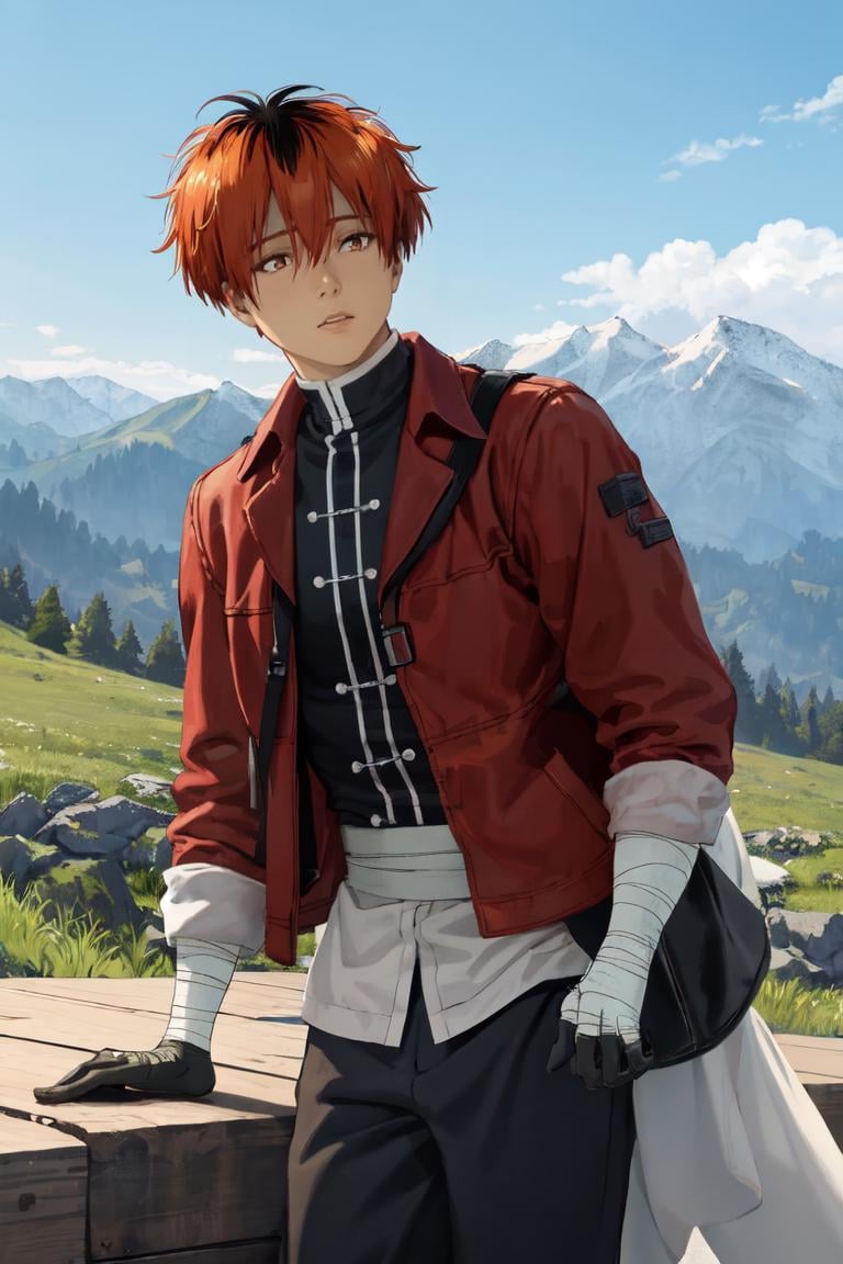 masterpiece, best quality, absurdres, 1boy, solo, StarkFrieren, red jacket, black shirt, white sash, black pants, bandages, gloves, outdoors, mountain pass, wide shot, landscape scene, <lora:Stark:1>