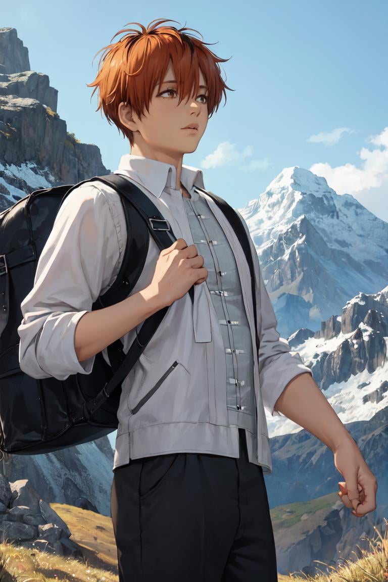 masterpiece, best quality, absurdres, 1boy, solo, StarkFrieren, pants, shirt, hiker, backpack, mountain scene, <lora:Stark:0.8>