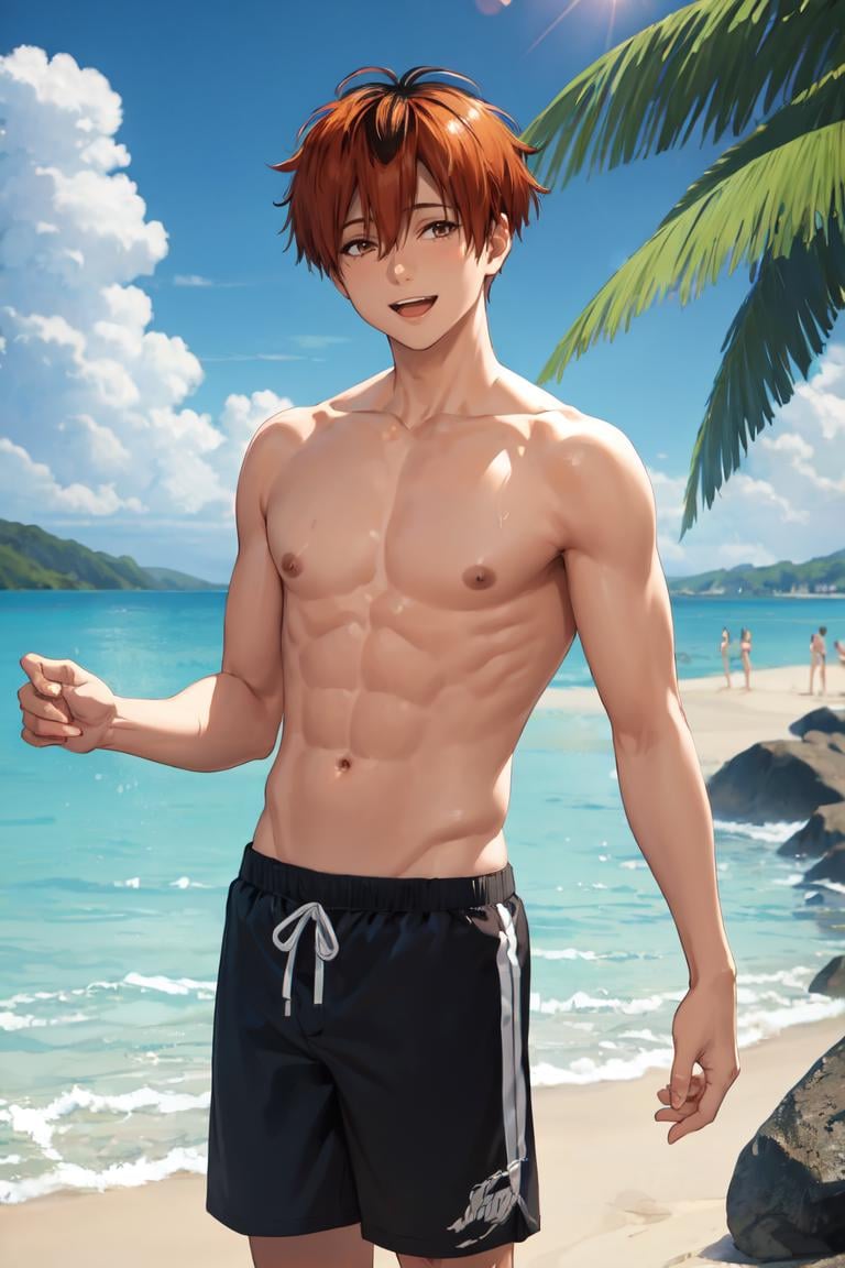 masterpiece, best quality, absurdres, 1boy, solo, StarkFrieren, (topless), swimming trunks, beach scene, smile, :d, sun, standing, <lora:Stark:0.8>