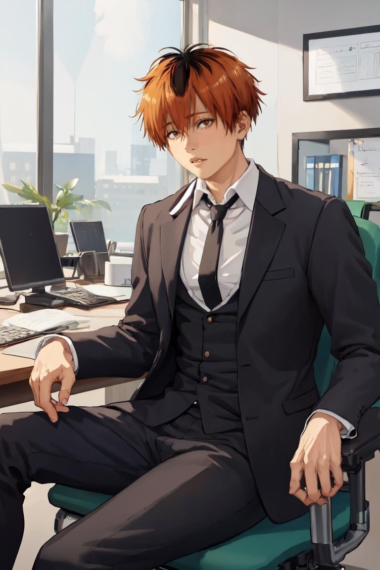 masterpiece, best quality, absurdres, 1boy, solo, StarkFrieren, formal, black suit, collared shirt, necktie, sitting, indoors, office, chair, <lora:Stark:1.0>