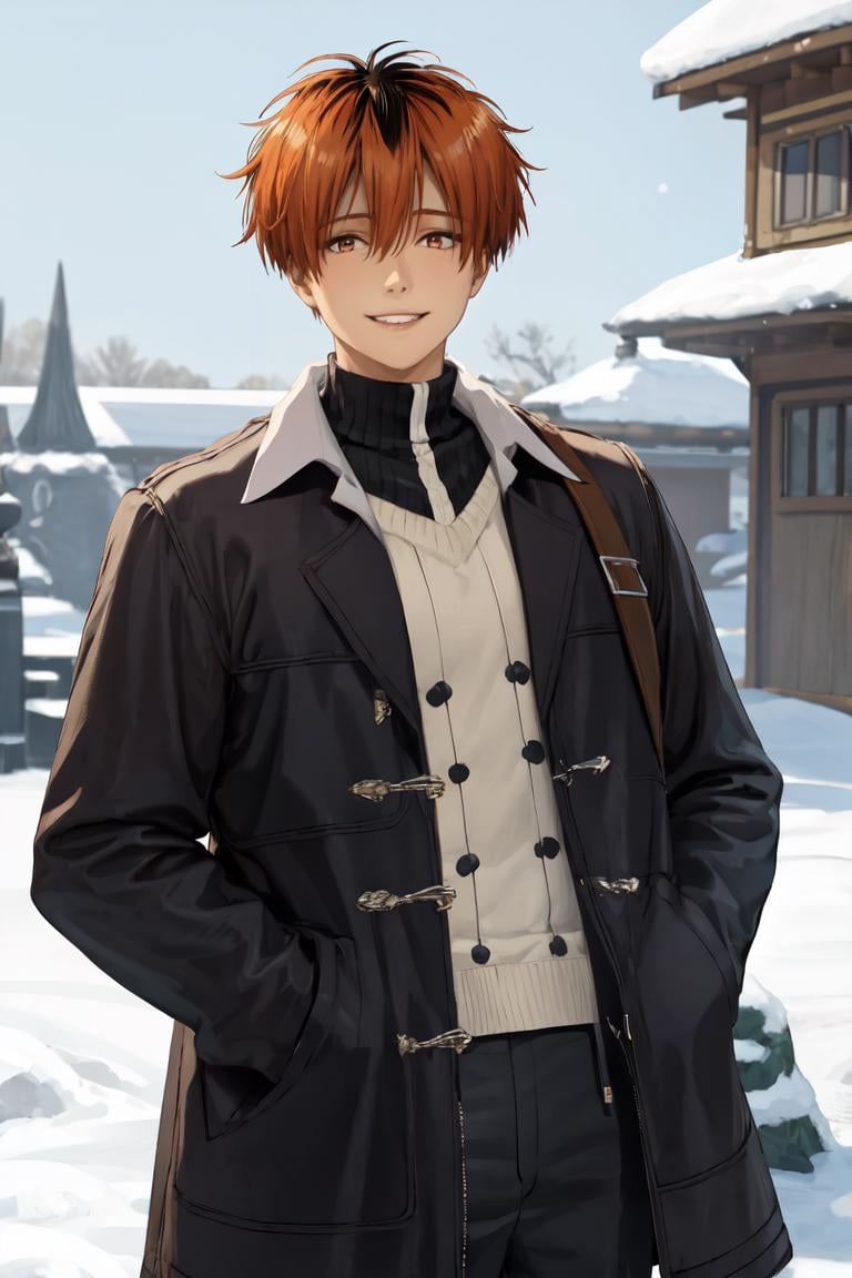 masterpiece, best quality, absurdres, 1boy, solo, StarkFrieren, winter coat, turtleneck, sweater, outdoors, snow, smile, hands in pockets, <lora:Stark:1.0>