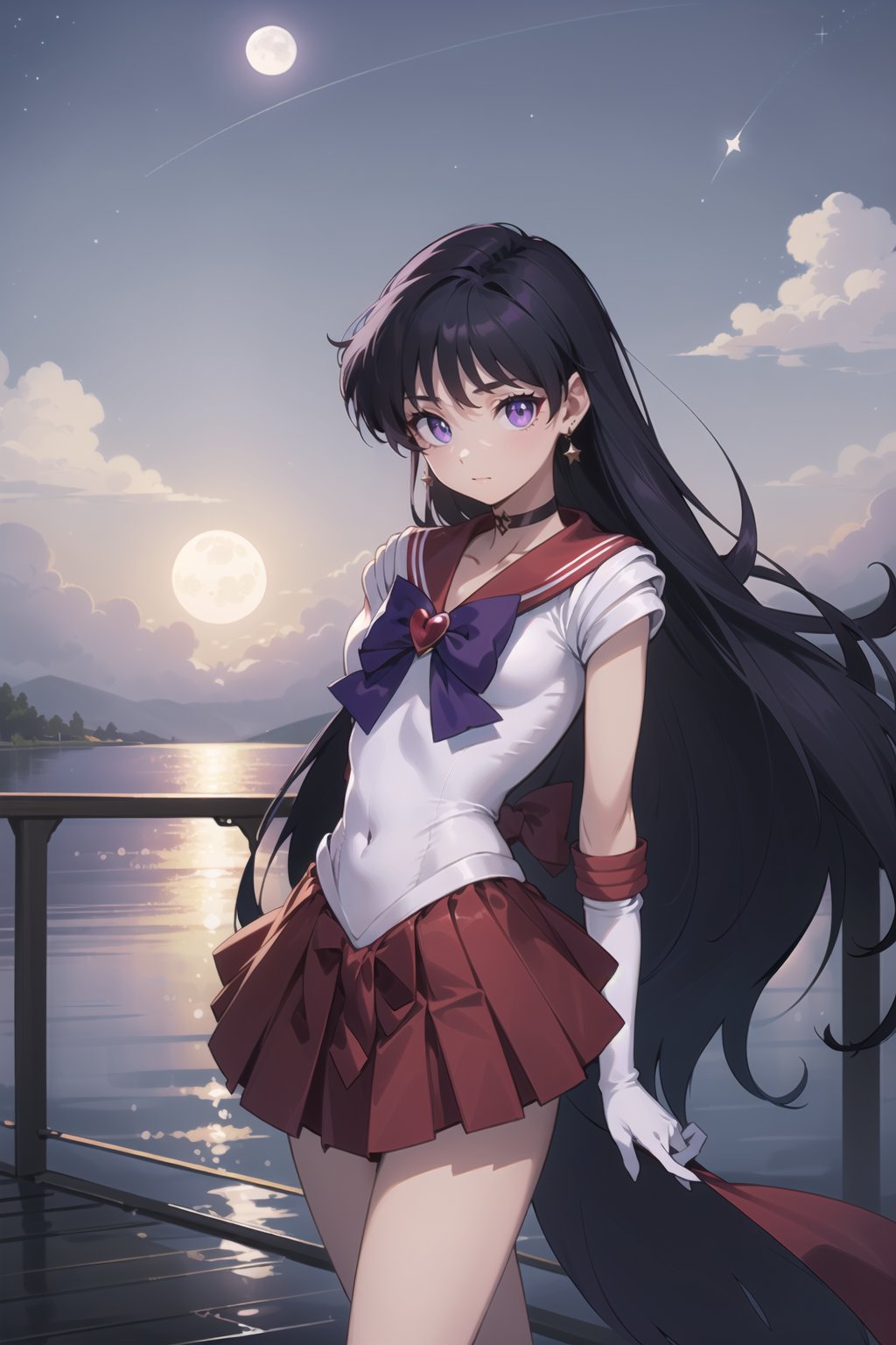 (masterpiece,  best quality),  ultra detailed,  1girl,  sailor mars,  hino rei,  very long hair,  (purple eyes:1.1),  black hair,  sailor senshi uniform,  heart brooch,  gloves,  red sailor collar,  skirt,  jewelry,  earrings,  choker,  elbow gloves,  red skirt,  sailor collar,  white gloves,  covered navel,  star earrings,  tiara,  pleated skirt,  dynamic view,  moon,  night 1girl,  looking to the side,  pier, <lora:EMS-74975-EMS:0.600000>