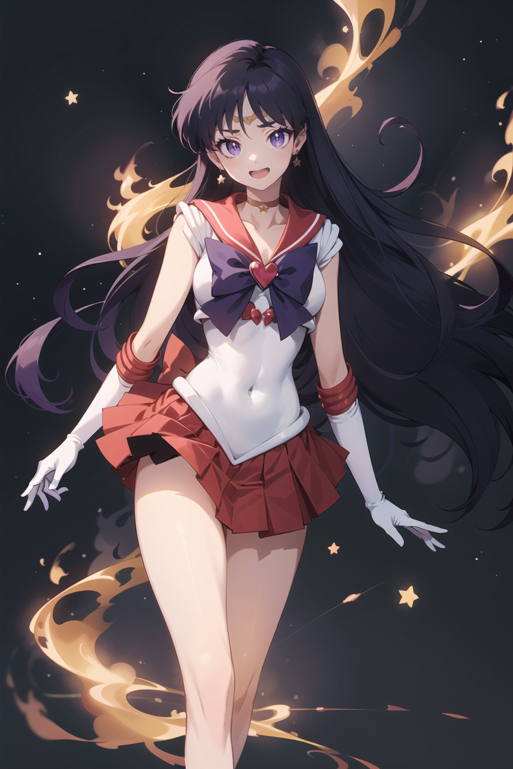 (masterpiece,  best quality),  ultra detailed,  1girl,  sailor mars,  hino rei,  very long hair,  (purple eyes:1.1),  black hair,  sailor senshi uniform,  heart brooch,  gloves,  red sailor collar,  skirt,  jewelry,  earrings,  choker,  elbow gloves,  red skirt,  sailor collar,  white gloves,  covered navel,  star earrings,  tiara,  pleated skirt,  dynamic view,  smirking,  open mouth,  flame, <lora:EMS-74975-EMS:0.600000>