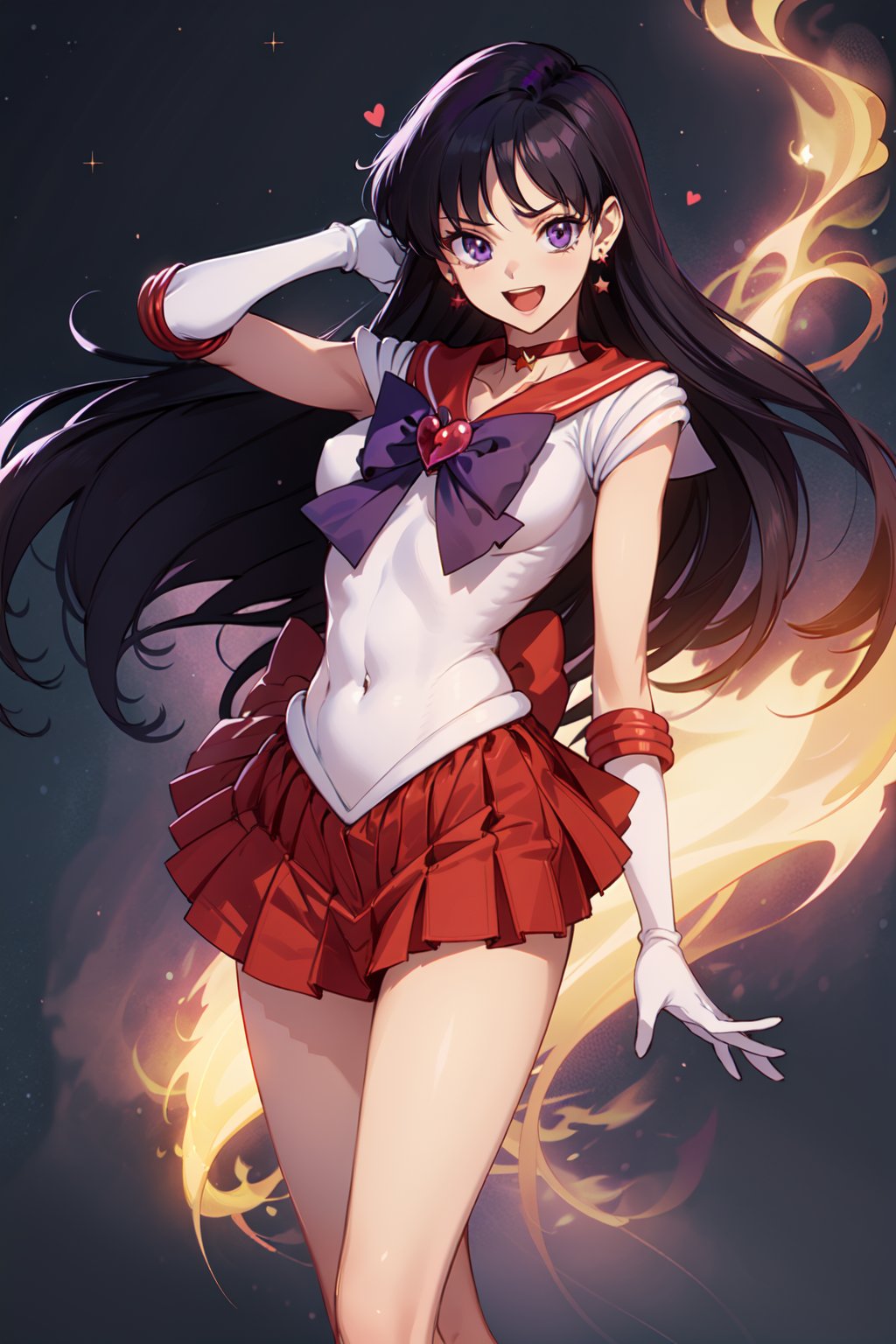 (masterpiece,  best quality),  ultra detailed,  1girl,  sailor mars,  hino rei,  very long hair,  (purple eyes:1.1),  black hair,  sailor senshi uniform,  heart brooch,  gloves,  red sailor collar,  skirt,  jewelry,  earrings,  choker,  elbow gloves,  red skirt,  sailor collar,  white gloves,  covered navel,  star earrings,  tiara,  pleated skirt,  dynamic view,  smirking,  open mouth,  flame, <lora:EMS-74975-EMS:0.800000>