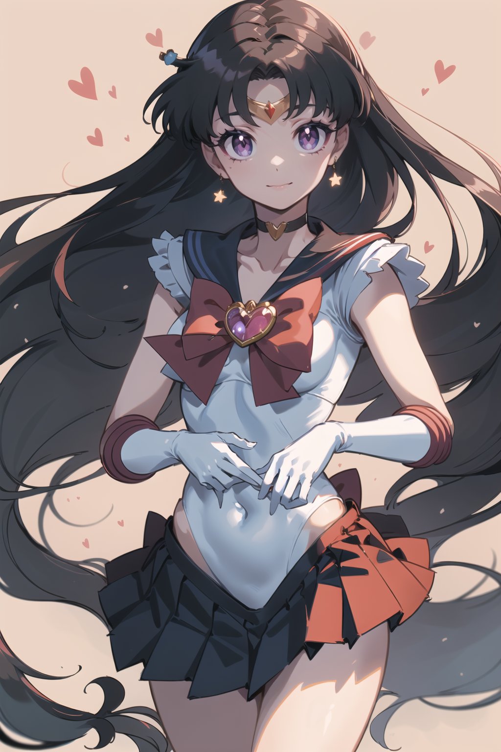 (masterpiece,  best quality),  ultra detailed,  1girl,  sailor mars,  hino rei,  very long hair,  (purple eyes:1.1),  black hair,  sailor senshi uniform,  heart brooch,  gloves,  red sailor collar,  skirt,  jewelry,  earrings,  choker,  elbow gloves,  red skirt,  sailor collar,  white gloves,  covered navel,  star earrings,  tiara,  pleated skirt, <lora:EMS-74972-EMS:0.700000>