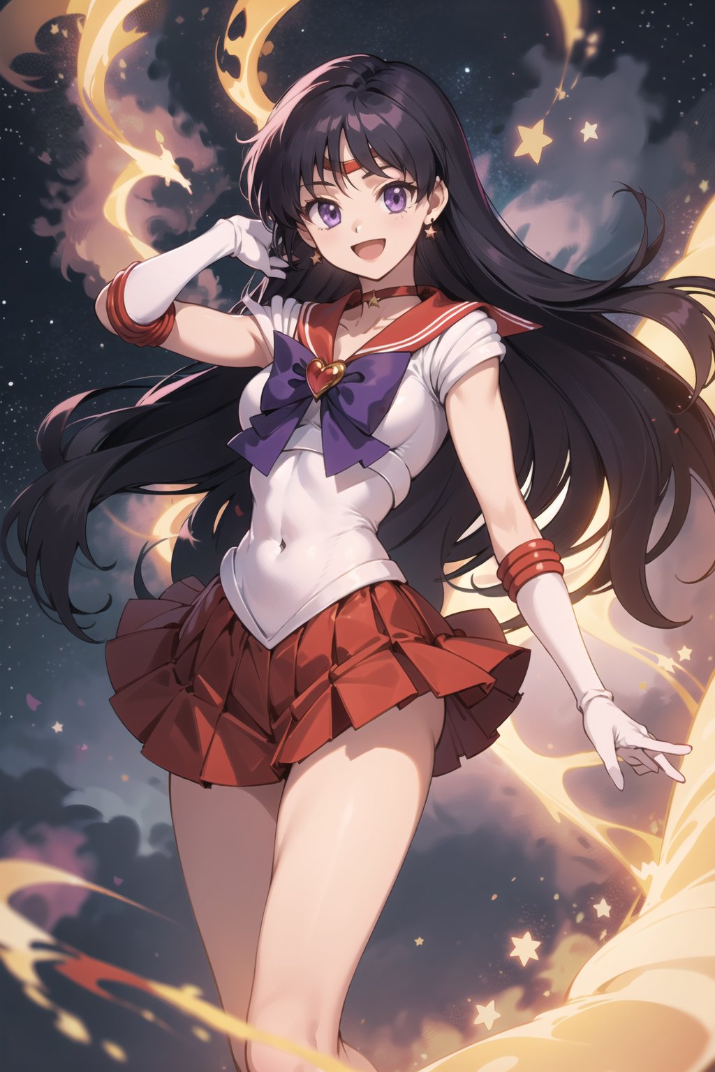 (masterpiece,  best quality),  ultra detailed,  1girl, sailor mars,  hino rei,  very long hair,  (purple eyes:1.1),  black hair,  sailor senshi uniform,  heart brooch,  gloves,  red sailor collar,  miniskirt,  jewelry,  earrings,  choker,  elbow gloves,  red skirt,  sailor collar,  white gloves,  covered navel,  star earrings,  (tiara:1.2),  pleated skirt,  dynamic view,  smile,  smirking,  open mouth,  flame,  fire,  (circlet:1.2), <lora:EMS-74975-EMS:0.600000>