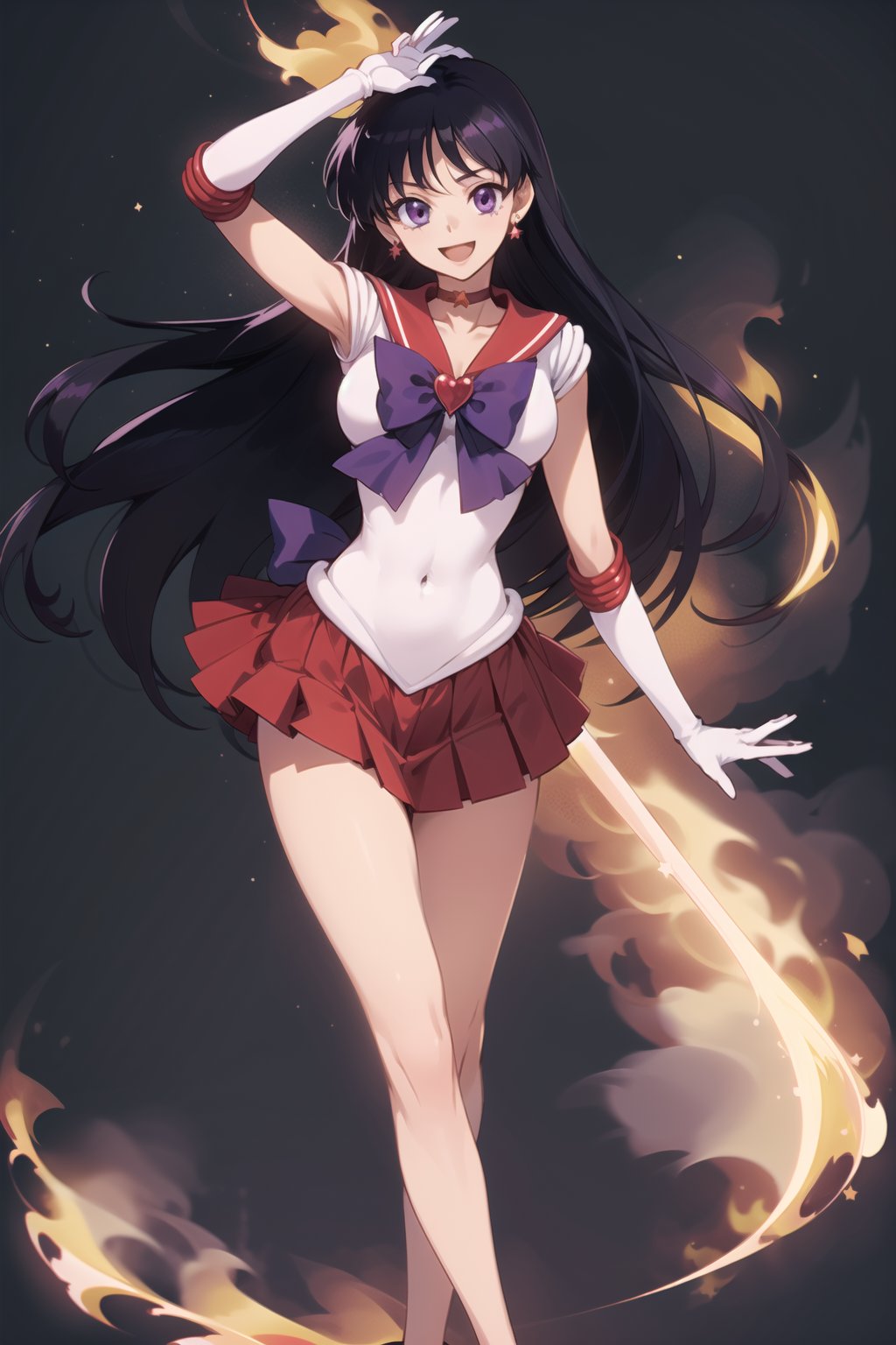 (masterpiece,  best quality),  ultra detailed,  1girl,  sailor mars,  hino rei,  very long hair,  (purple eyes:1.1),  black hair,  sailor senshi uniform,  heart brooch,  gloves,  red sailor collar,  skirt,  jewelry,  earrings,  choker,  elbow gloves,  red skirt,  sailor collar,  white gloves,  covered navel,  star earrings,  tiara,  pleated skirt,  dynamic view,  smile,  smirking,  open mouth,  flame, <lora:EMS-74975-EMS:0.700000>