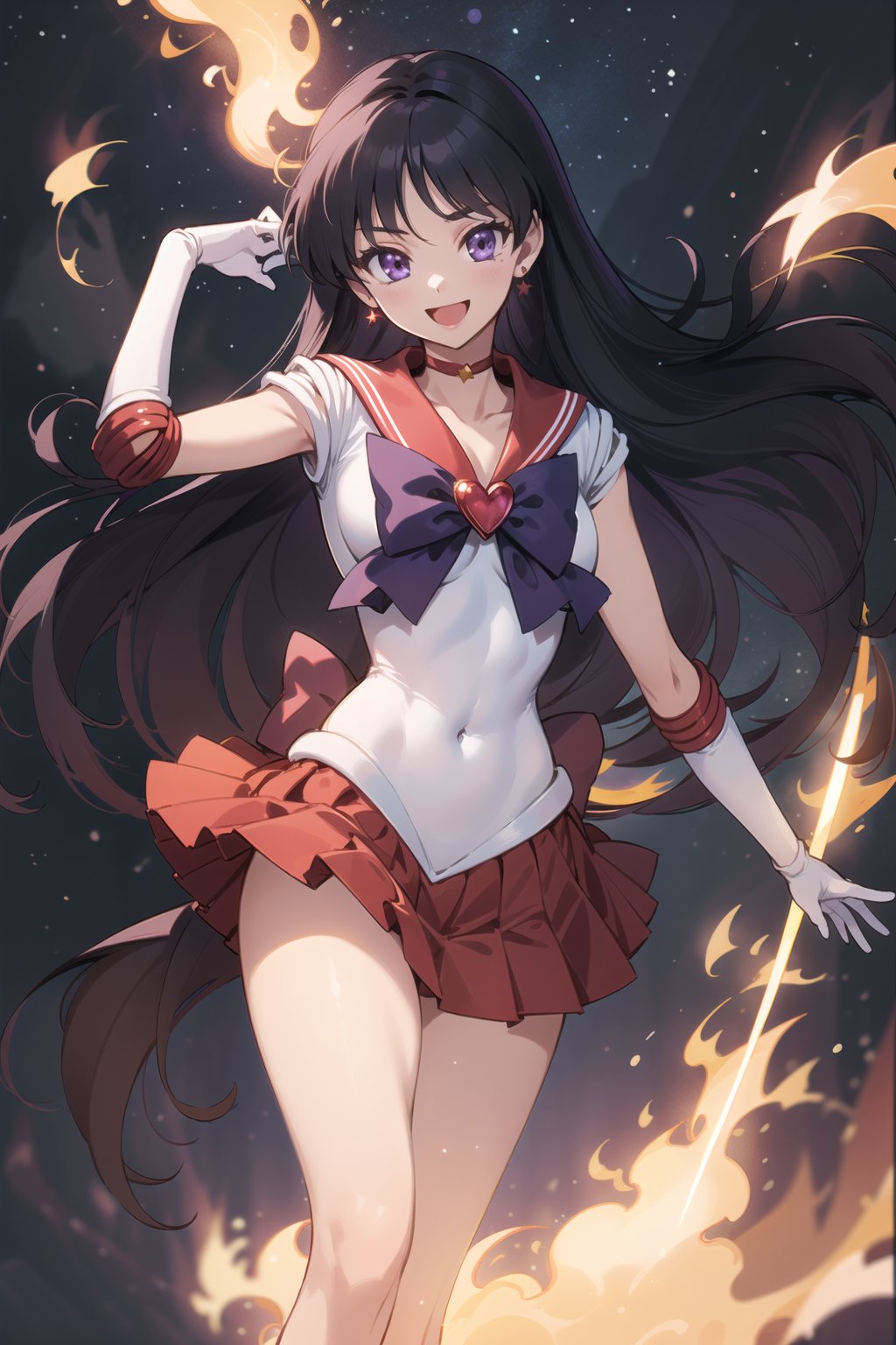 (masterpiece,  best quality),  ultra detailed,  1girl, sailor mars,  hino rei,  very long hair,  (purple eyes:1.1),  black hair,  sailor senshi uniform,  heart brooch,  gloves,  red sailor collar,  miniskirt,  jewelry,  earrings,  choker,  elbow gloves,  red skirt,  sailor collar,  white gloves,  covered navel,  star earrings,  tiara,  pleated skirt,  dynamic view,  smile,  smirking,  open mouth,  flame,  fire, <lora:EMS-74975-EMS:0.600000>