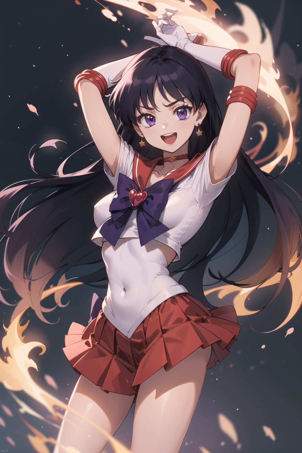 (masterpiece,  best quality),  ultra detailed,  1girl, sailor mars,  hino rei,  very long hair,  (purple eyes:1.1),  black hair,  sailor senshi uniform,  heart brooch,  gloves,  red sailor collar,  miniskirt,  jewelry,  earrings,  choker,  elbow gloves,  red skirt,  sailor collar,  white gloves,  covered navel,  star earrings,  tiara,  pleated skirt,  dynamic view,  smirking,  open mouth,  flame,  fire, <lora:EMS-74975-EMS:0.600000>