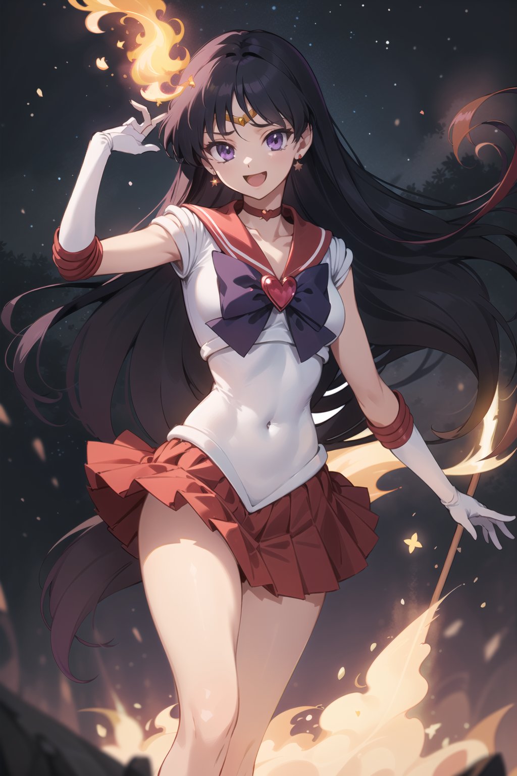 (masterpiece,  best quality),  ultra detailed,  1girl, sailor mars,  hino rei,  very long hair,  (purple eyes:1.1),  black hair,  sailor senshi uniform,  heart brooch,  gloves,  red sailor collar,  miniskirt,  jewelry,  earrings,  choker,  elbow gloves,  red skirt,  sailor collar,  white gloves,  covered navel,  star earrings,  tiara,  pleated skirt,  dynamic view,  smirking,  open mouth,  flame,  fire, <lora:EMS-74975-EMS:0.600000>