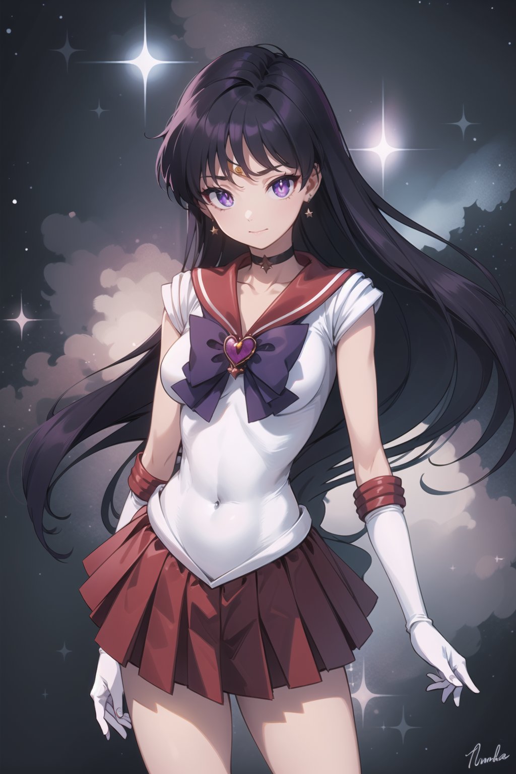 (masterpiece,  best quality),  ultra detailed,  1girl,  sailor mars,  hino rei,  very long hair,  (purple eyes:1.1),  black hair,  sailor senshi uniform,  heart brooch,  gloves,  red sailor collar,  skirt,  jewelry,  earrings,  choker,  elbow gloves,  red skirt,  sailor collar,  white gloves,  covered navel,  star earrings,  tiara,  pleated skirt,  dynamic view, <lora:EMS-74975-EMS:0.600000>