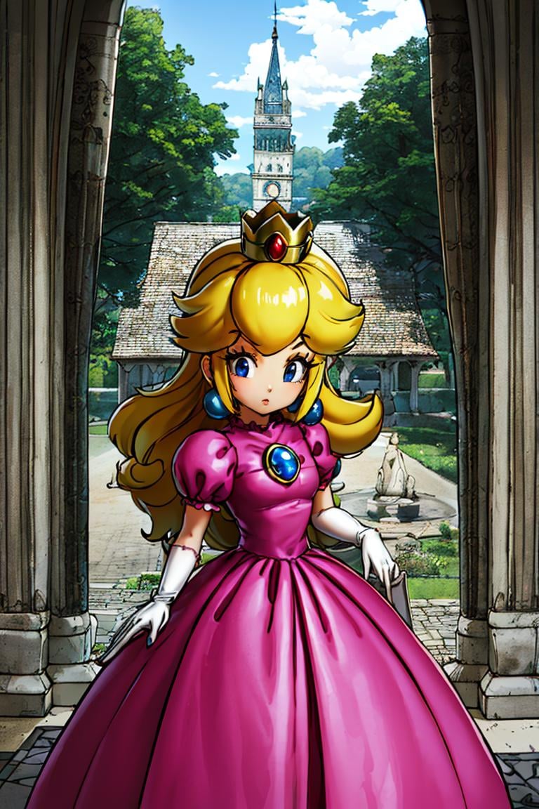 <lora:Toriyama_Akira_Style:0.8>, (masterpiece, best quality), 1girl,    <lora:princesspeach-lora-nochekaiser:1> princess peach, blonde hair, blue eyes, long hair, crown, dress, gem, gloves, pink dress, puffy short sleeves, puffy sleeves, short sleeves, white gloves,