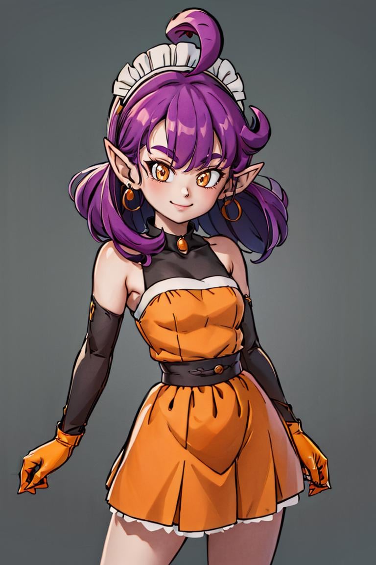 <lora:Toriyama_Akira_Style:1>, ((masterpiece,best quality)), absurdres, <lora:Stardust_Pumpkins_Citron_OC_Anime:0.8>, Stardust_Pumpkins_Citron_OC,  1girl, solo, long purple hair,  orange eyes, ahoge, pointy ears, orange dress, elbow gloves, bare shoulders, maid headdress, jewelry, earrings,  solo, smiling, looking at viewer, cowboy shot,  cinematic composition,  , contrapposto,