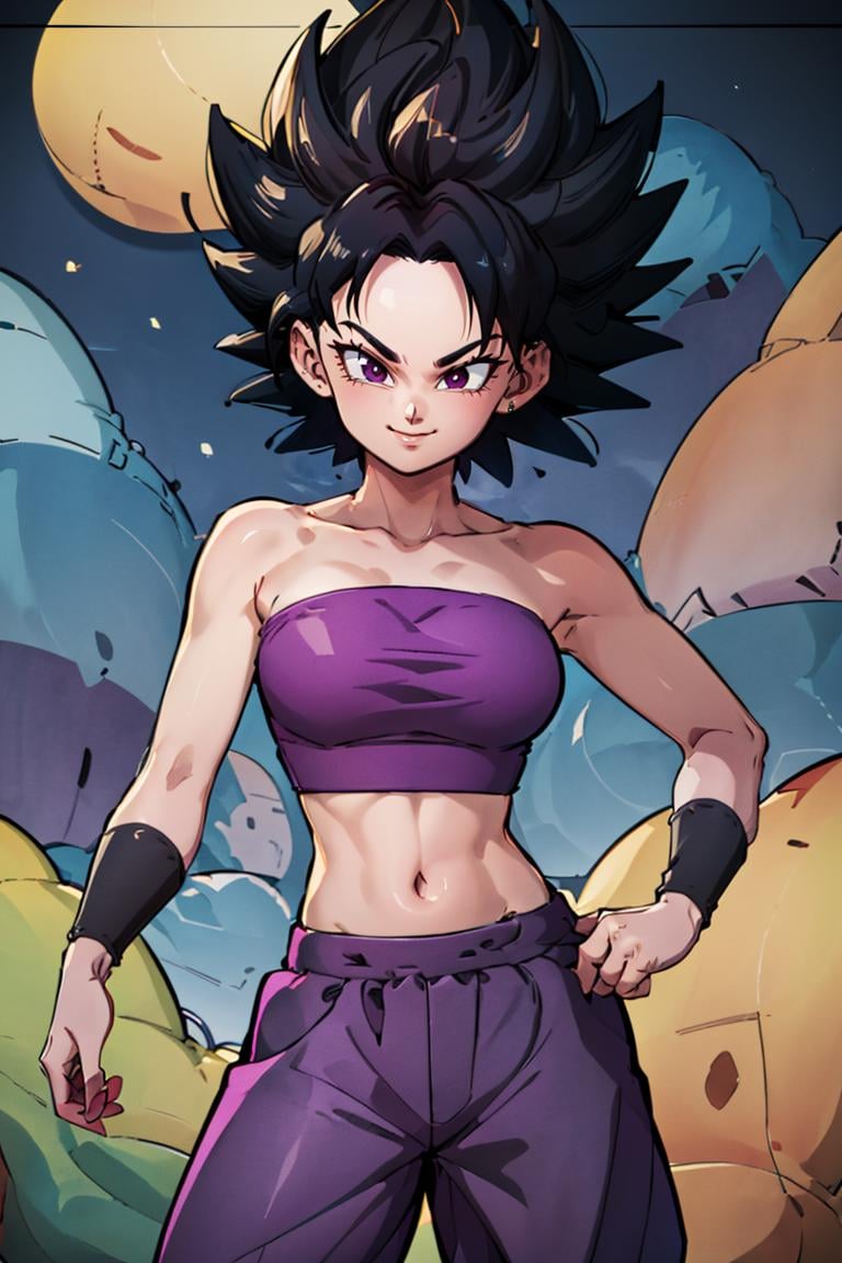 <lora:Toriyama_Akira_Style:0.8>, ((masterpiece,best quality)), absurdres, <lora:Caulifla_DB_v3_Anime:0.8>, Caulifla_DB, bare shoulders, midriff, purple baggy pants, pink tube top, black bracelets,solo, smiling, looking at viewer, cowboy shot, cinematic composition,