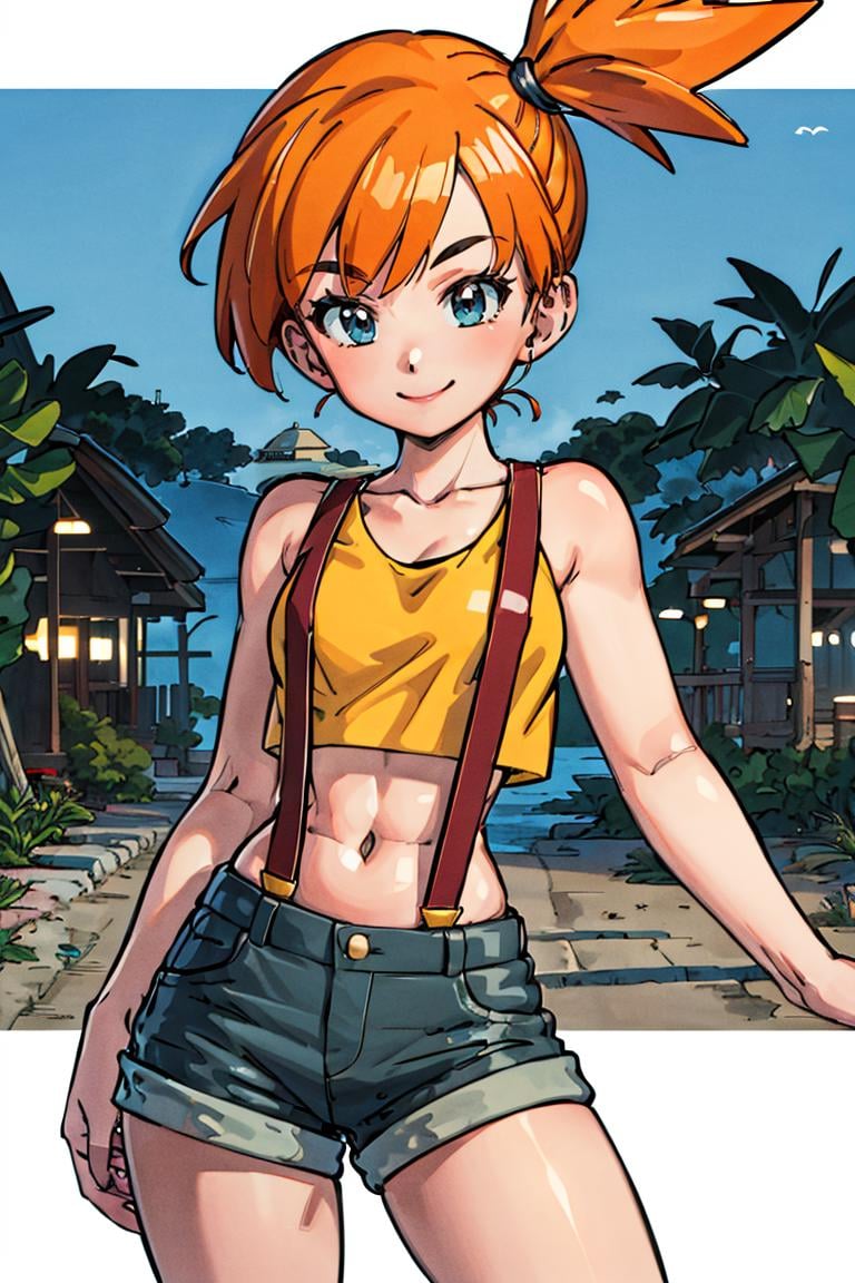 <lora:Toriyama_Akira_Style:0.9>, ((masterpiece,best quality)), absurdres, <lora:Misty_Pokemon_v2_Anime:0.7>, Misty_Pokemon, yellow crop top, suspenders, side ponytail, orange hair, denim shorts, solo, smiling, looking at viewer, cowboy shot, cinematic composition, contrapposto, tropical beach,