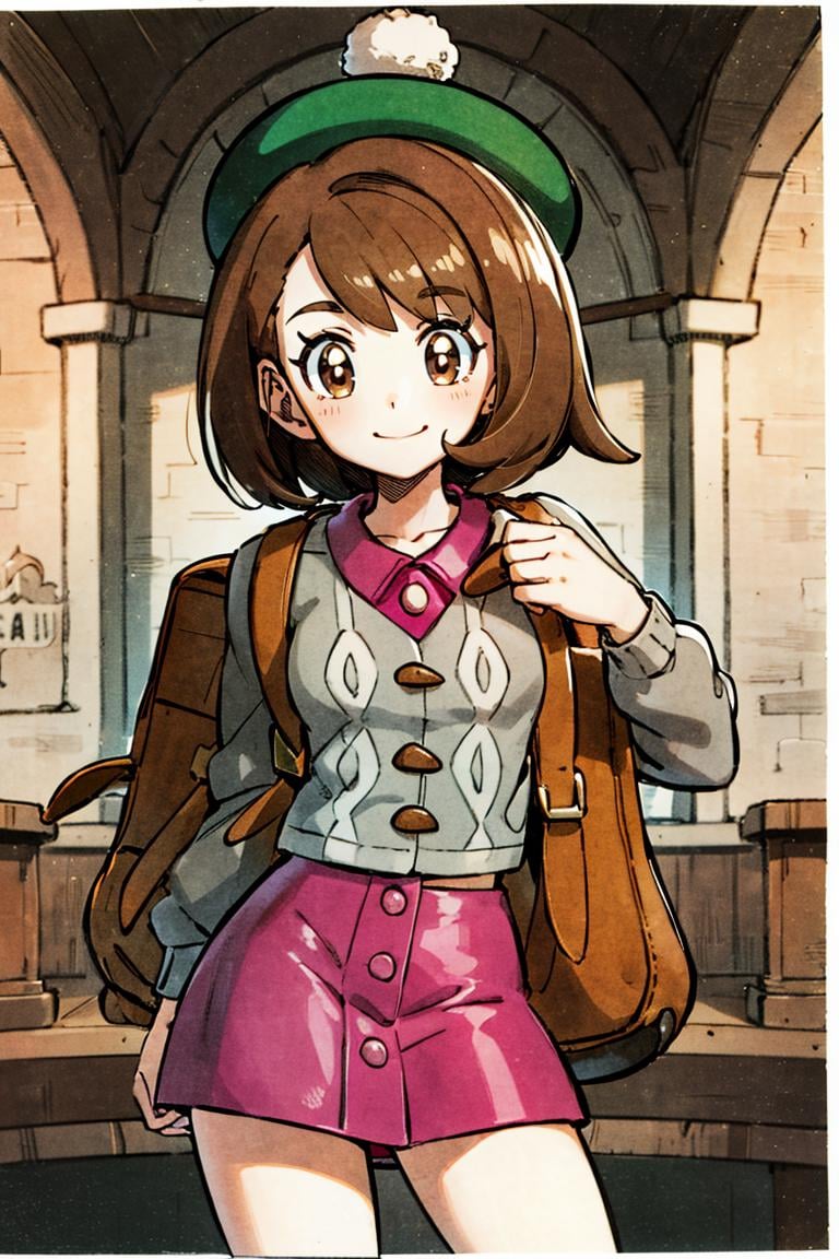 <lora:Toriyama_Akira_Style:0.8>, ((masterpiece,best quality)), absurdres,  <lora:gloria_(pokemon)_v1:0.7>,  gloria \(pokemon\), brown hair, solo, backpack, brown eyes, tam o' shanter, grey cardigan, pink dress, short hair, green socks, socks, brown bag, bob cut, bangs, long sleeves, collared dress,  solo, smiling, looking at viewer, cowboy shot,  cinematic composition, contrapposto, 