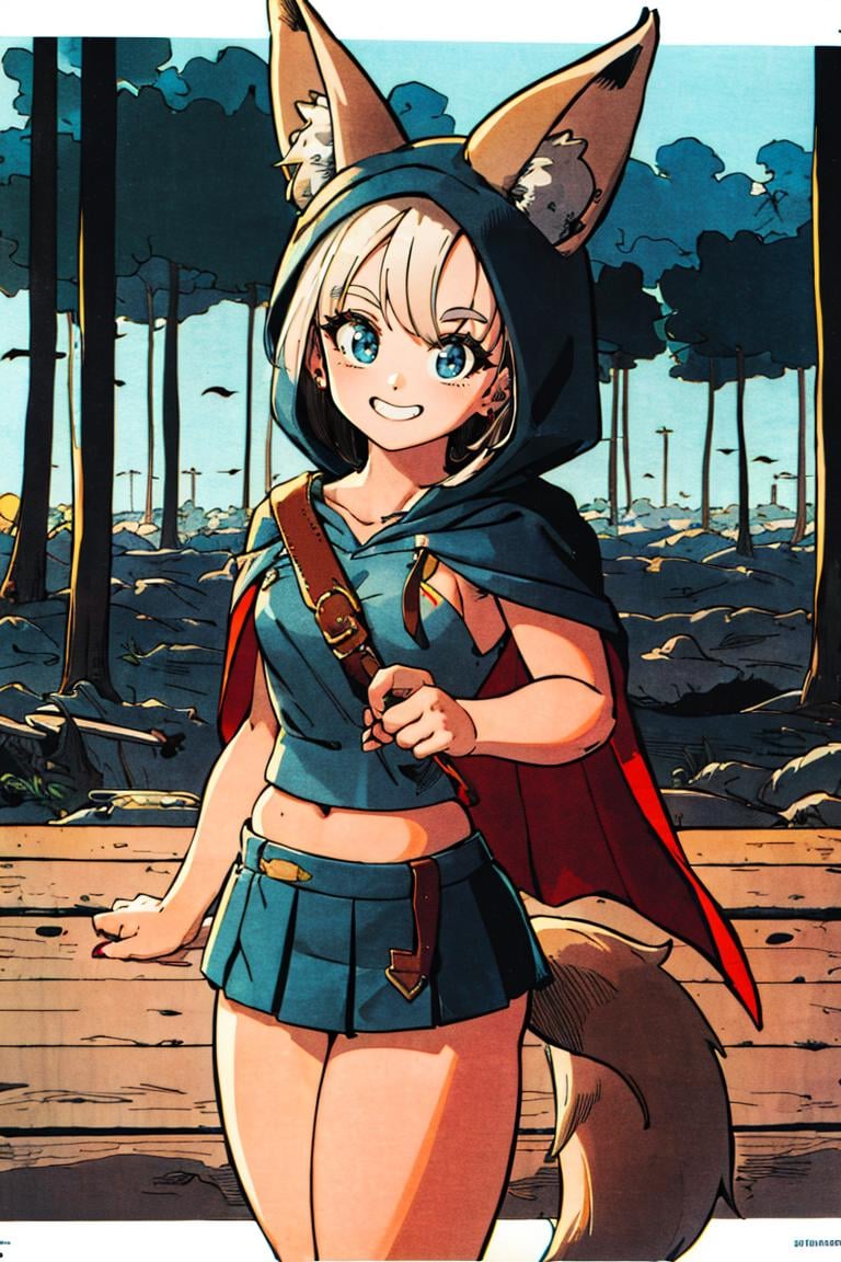 <lora:Toriyama_Akira_Style:1>, ((masterpiece,best quality)), absurdres, <lora:Ira_AFK:0.7>, Ira_AFK, cape, fox tail, hood up, mini skirt,  smiling, solo, smiling, looking at viewer, cowboy shot,  forest in background, cinematic composition, ,