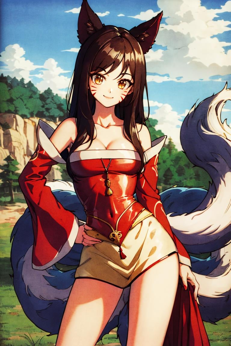 <lora:Toriyama_Akira_Style:0.8>, ((masterpiece,best quality)), absurdres, ah1, facial mark, multiple tails, fox tails, korean clothes, cleavage, bare shoulders, detached sleeves, <lora:ahri_v10:0.7>, outdoors, standing, cowboy shot, smile, contrapposto