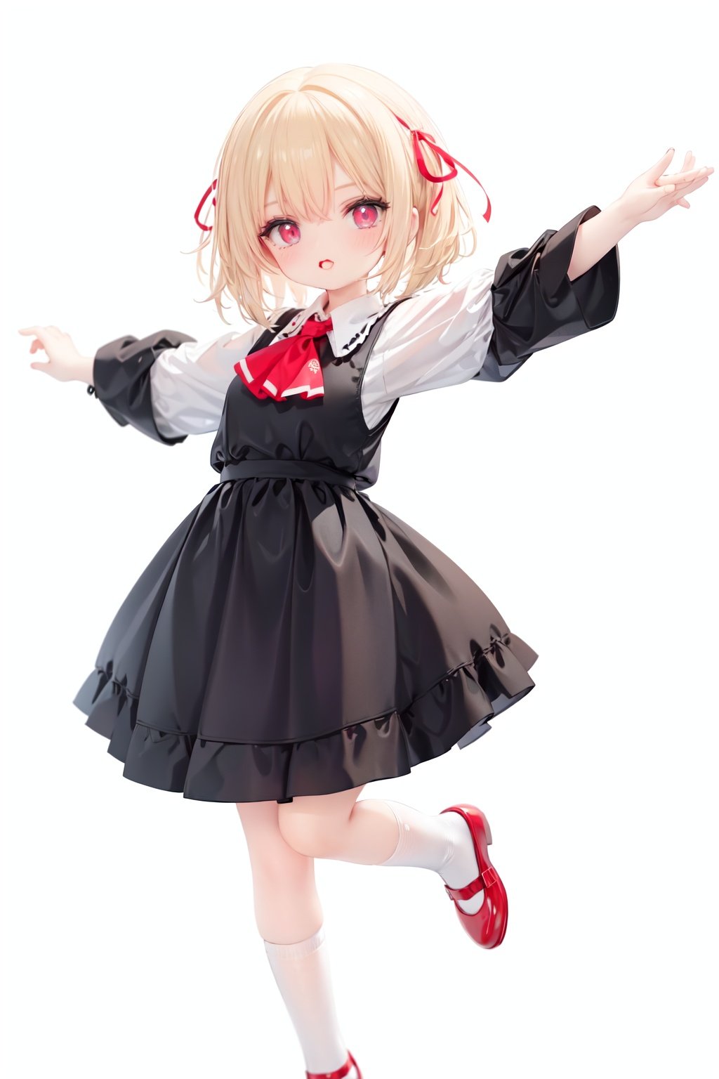  1girl, rumia, blonde hair, solo, white background, red eyes, red footwear, simple background, ascot, short hair, ribbon, open mouth, hair ribbon, smile, long sleeves, shirt, looking at viewer, red ascot, white socks, white shirt, red ribbon, shoes, socks, frills, bangs, outstretched arms, hair between eyes, skirt, :d, dress, vest, mary janes, black dress, black skirt, collared shirt, black vest, blush