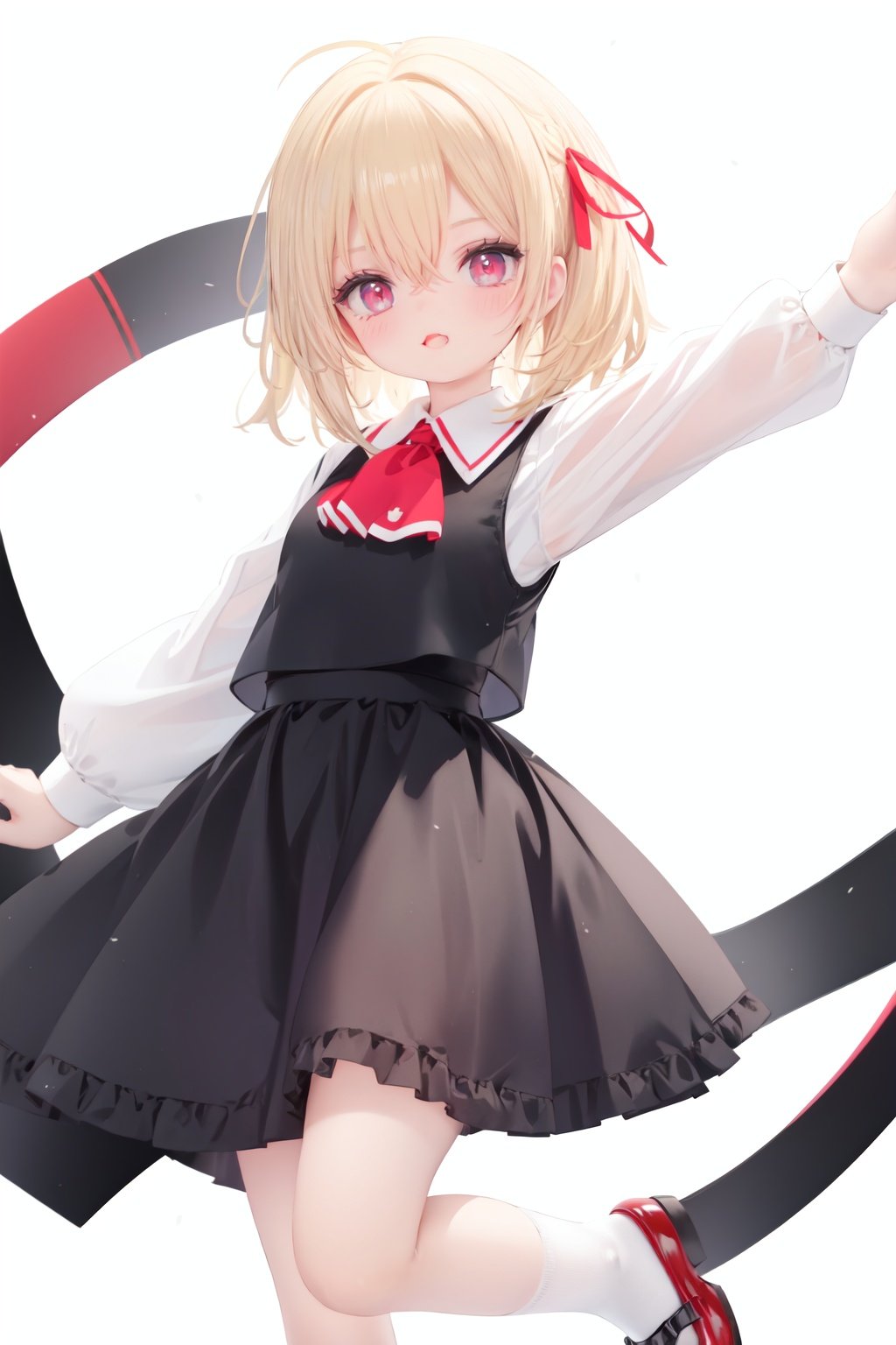  1girl, rumia, blonde hair, solo, white background, red eyes, red footwear, simple background, ascot, short hair, ribbon, open mouth, hair ribbon, smile, long sleeves, shirt, looking at viewer, red ascot, white socks, white shirt, red ribbon, shoes, socks, frills, bangs, outstretched arms, hair between eyes, skirt, :d, dress, vest, mary janes, black dress, black skirt, collared shirt, black vest, blush