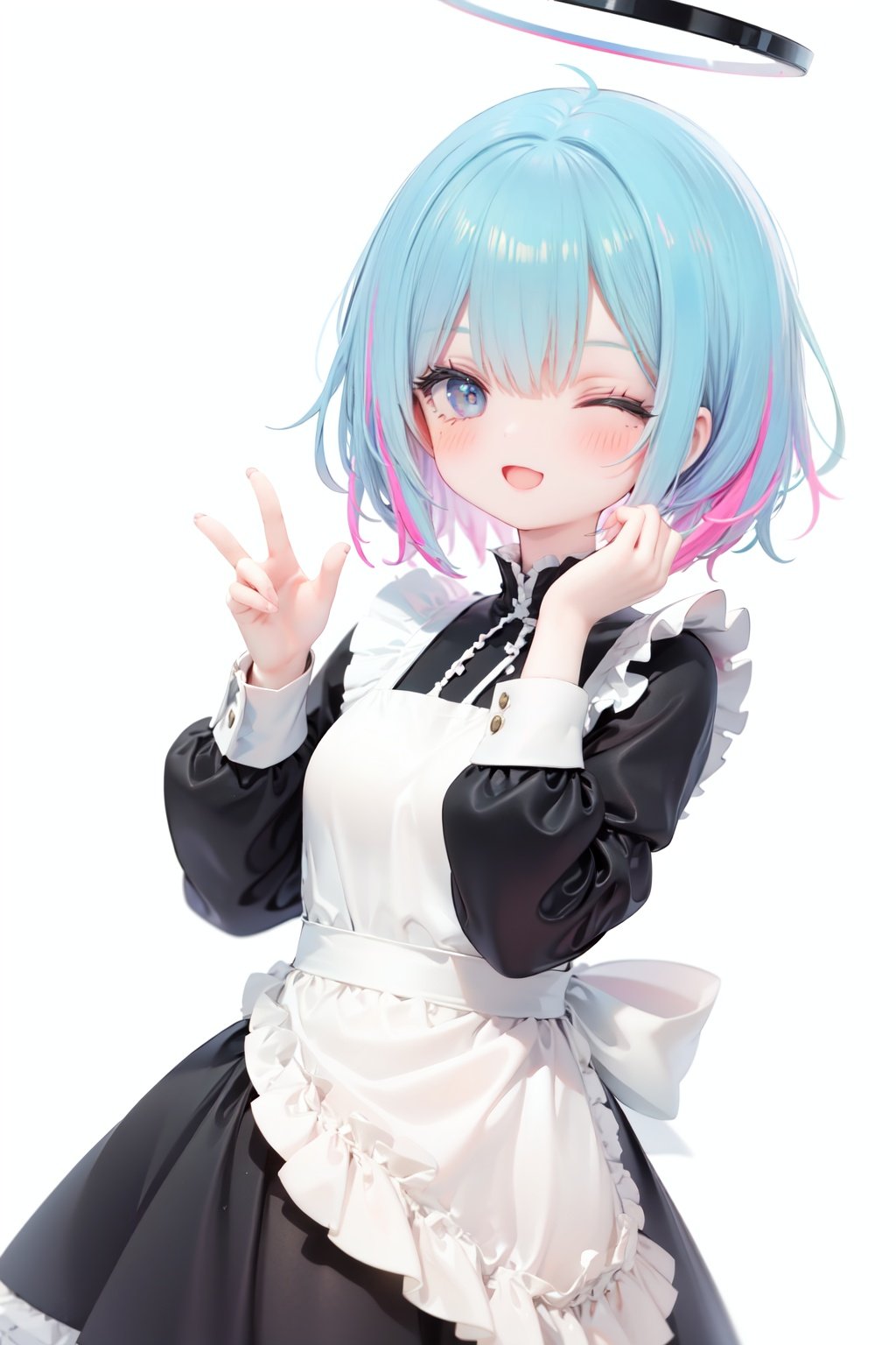  1girl, solo, apron, halo, hair over one eye, closed eyes, smile, white background, dress, white apron, simple background, long sleeves, multicolored hair, braid, open mouth, blue hair, alternate costume, blush, bangs, :d, pink hair, black dress, ribbon, frilled dress, enmaided, short hair, hand up, colored inner hair