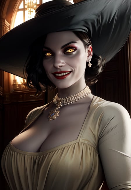 Alcina,yellow eyes,black hair,short hair, white dress with flower,hat,single earring,cleavage, necklace,  black glovesupper body,looking at viewer,smile,castle,indoors,night,(insanely detailed, beautiful detailed face, beautiful detailed eyes, masterpiece, best quality),solo, <lora:AlcinaDimitrescu:0.8>