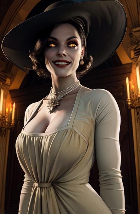 Alcina,yellow eyes,black hair,short hair,  white dress with flower,hat,single earring,cleavage, necklace,  black glovesupper body,standing,looking at viewer,smile,castle,indoors,night,(insanely detailed, beautiful detailed face, beautiful detailed eyes, masterpiece, best quality),solo, <lora:AlcinaDimitrescu:0.8>