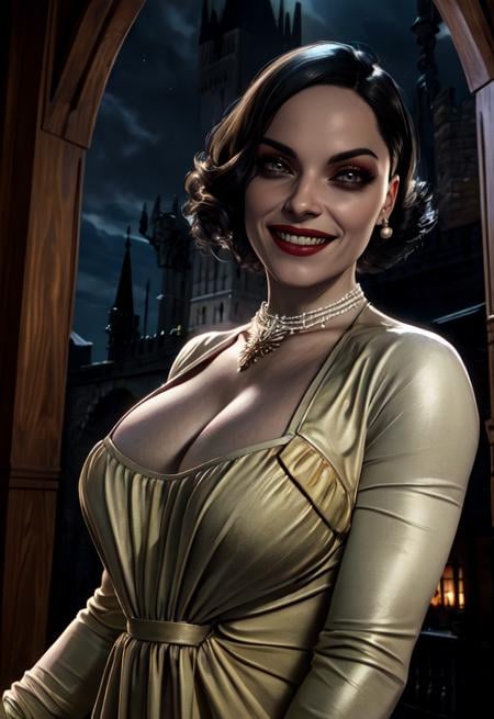 Alcina,black eyes,black hair,short hair, white dress, ,single earring,cleavage, necklace,  black glovesupper body,looking at viewer,smile,castle,indoors,night,(insanely detailed, beautiful detailed face, beautiful detailed eyes, masterpiece, best quality),solo, <lora:AlcinaDimitrescu:0.8>