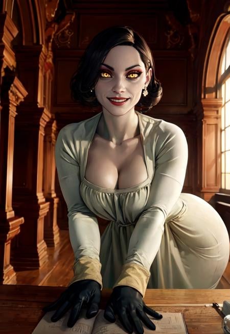 Alcina,yellow eyes,black hair,short hair, white dress with flower, single earring,cleavage,  black gloves, veiny, upper body, standing,  cowboy shot,  curvy,  leaning forward,   looking at viewer,smile,castle,indoors,night, desk, (insanely detailed, beautiful detailed face, beautiful detailed eyes, masterpiece, best quality),solo, <lora:AlcinaDimitrescu:0.8>