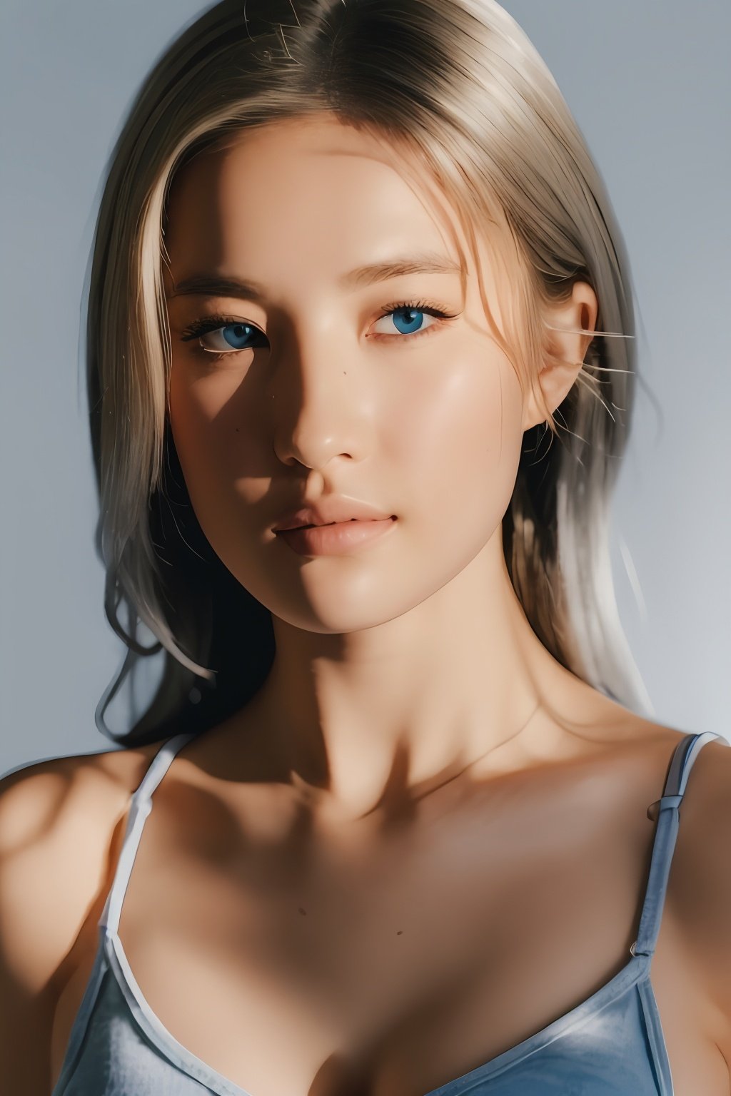  (8k, best quality, masterpiece, ), ultra detailed illustration, extremely detailed face, RAW photo, film grain, skin pores, warm light, cleavage, 1girl, solo, realistic, sky blue eyes, long hair, looking at viewer, lips, simple background, grey background, full shot, blonde hair, hair, tank top, closed mouth, nose