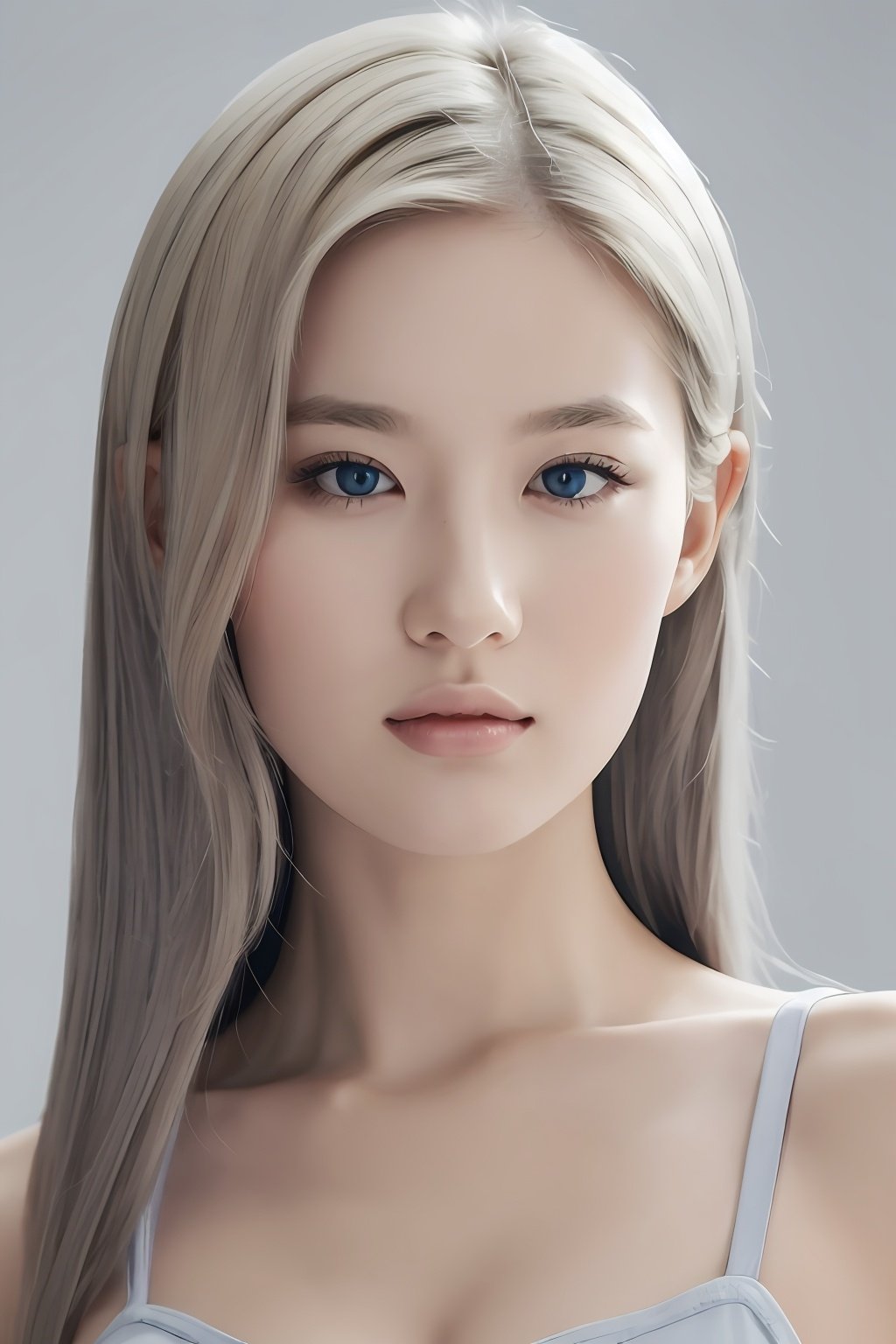  (8k, best quality, masterpiece, ), ultra detailed illustration, extremely detailed face, RAW photo, film grain, skin pores, warm light, cleavage, 1girl, solo, realistic, sky blue eyes, long hair, looking at viewer, lips, simple background, grey background, full shot, blonde hair, hair, tank top, closed mouth, nose