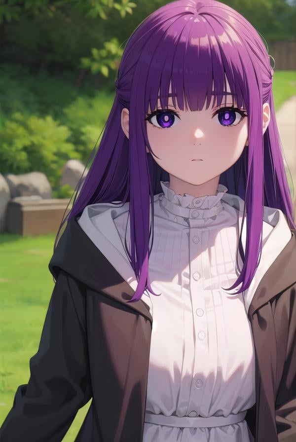 fern, <lora:fernv2-lora-nochekaiser:1>,fern, long hair, bangs, (purple eyes:1.1), purple hair, sidelocks, blunt bangs, (bright pupils:1.5), half updo,BREAK shirt, dress, jacket, white shirt, open clothes, hood, white dress, hood down,BREAK outdoors, sky, nature,BREAK looking at viewer, (cowboy shot:1.5),BREAK <lyco:GoodHands-beta2:1>, (masterpiece:1.2), best quality, high resolution, unity 8k wallpaper, (illustration:0.8), (beautiful detailed eyes:1.6), extremely detailed face, perfect lighting, extremely detailed CG, (perfect hands, perfect anatomy),