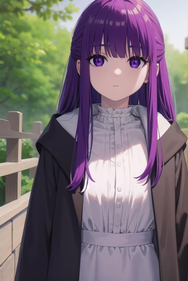 fern, <lora:fernv2-lora-nochekaiser:1>,fern, long hair, bangs, (purple eyes:1.1), purple hair, sidelocks, blunt bangs, bright pupils, half updo,BREAK shirt, dress, jacket, white shirt, open clothes, hood, white dress, hood down,BREAK outdoors, sky, nature,BREAK looking at viewer, (cowboy shot:1.5),BREAK <lyco:GoodHands-beta2:1>, (masterpiece:1.2), best quality, high resolution, unity 8k wallpaper, (illustration:0.8), (beautiful detailed eyes:1.6), extremely detailed face, perfect lighting, extremely detailed CG, (perfect hands, perfect anatomy),