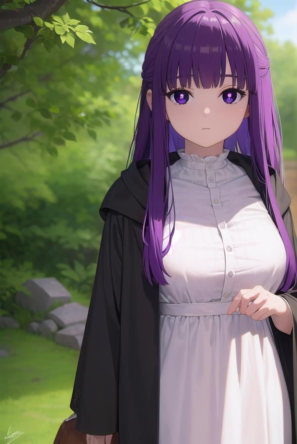 fern, <lora:fernv2-lora-nochekaiser:1>,fern, long hair, bangs, (purple eyes:1.1), purple hair, sidelocks, blunt bangs, (bright pupils:1.5), half updo,BREAK shirt, dress, jacket, white shirt, open clothes, hood, white dress, hood down,BREAK outdoors, sky, nature,BREAK looking at viewer, (cowboy shot:1.5),BREAK <lyco:GoodHands-beta2:1>, (masterpiece:1.2), best quality, high resolution, unity 8k wallpaper, (illustration:0.8), (beautiful detailed eyes:1.6), extremely detailed face, perfect lighting, extremely detailed CG, (perfect hands, perfect anatomy),