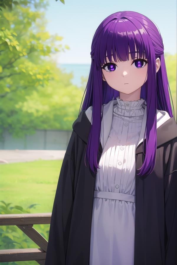 fern, <lora:fernv2-lora-nochekaiser:1>,fern, long hair, bangs, (purple eyes:1.1), purple hair, sidelocks, blunt bangs, (bright pupils:1.5), half updo,BREAK shirt, dress, jacket, white shirt, open clothes, hood, white dress, hood down,BREAK outdoors, sky, nature,BREAK looking at viewer, (cowboy shot:1.5),BREAK <lyco:GoodHands-beta2:1>, (masterpiece:1.2), best quality, high resolution, unity 8k wallpaper, (illustration:0.8), (beautiful detailed eyes:1.6), extremely detailed face, perfect lighting, extremely detailed CG, (perfect hands, perfect anatomy),