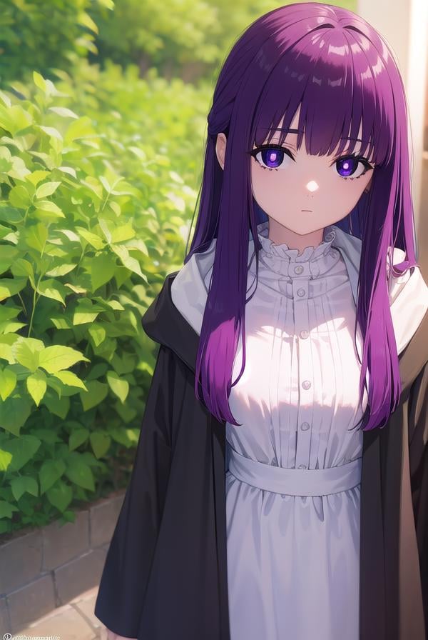 fern, <lora:fernv2-lora-nochekaiser:1>,fern, long hair, bangs, (purple eyes:1.1), purple hair, sidelocks, blunt bangs, (bright pupils:1.5), half updo,BREAK shirt, dress, jacket, white shirt, open clothes, hood, white dress, hood down,BREAK outdoors, sky, nature,BREAK looking at viewer, (cowboy shot:1.5),BREAK <lyco:GoodHands-beta2:1>, (masterpiece:1.2), best quality, high resolution, unity 8k wallpaper, (illustration:0.8), (beautiful detailed eyes:1.6), extremely detailed face, perfect lighting, extremely detailed CG, (perfect hands, perfect anatomy),