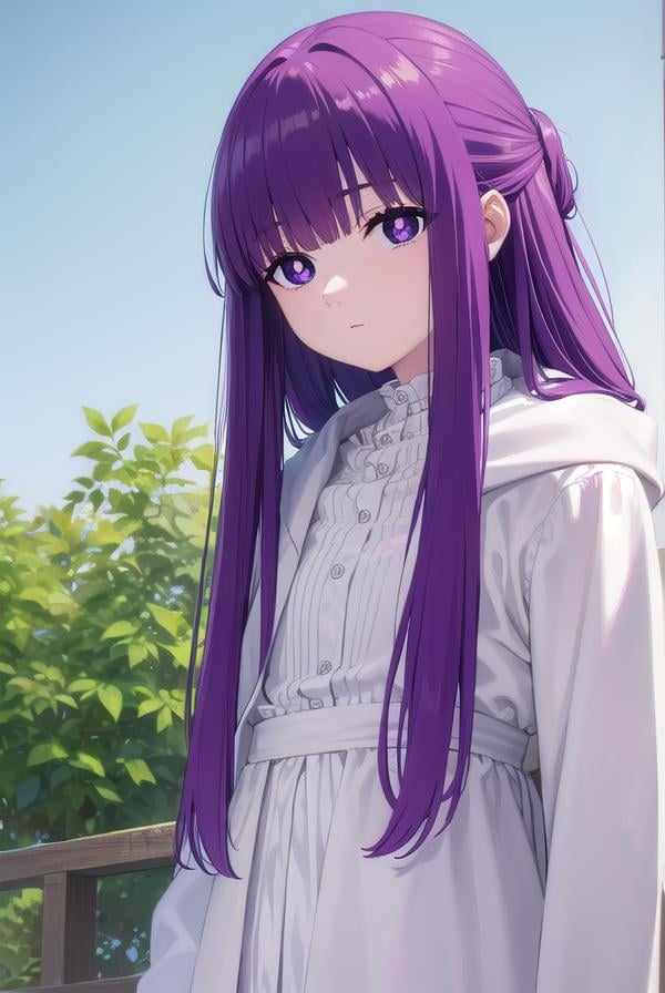 fern, <lora:fernv2-lora-nochekaiser:1>,fern, long hair, bangs, (purple eyes:1.1), purple hair, sidelocks, blunt bangs, (bright pupils:1.5), half updo,BREAK shirt, dress, jacket, white shirt, open clothes, hood, white dress, hood down,BREAK outdoors, sky, nature,BREAK looking at viewer, (cowboy shot:1.5),BREAK <lyco:GoodHands-beta2:1>, (masterpiece:1.2), best quality, high resolution, unity 8k wallpaper, (illustration:0.8), (beautiful detailed eyes:1.6), extremely detailed face, perfect lighting, extremely detailed CG, (perfect hands, perfect anatomy),