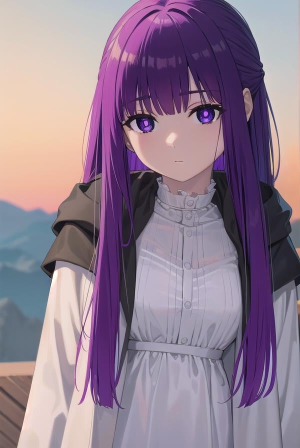 fern, <lora:fernv2-lora-nochekaiser:1>,fern, long hair, bangs, (purple eyes:1.1), purple hair, sidelocks, blunt bangs, (bright pupils:1.5), half updo,BREAK shirt, dress, jacket, white shirt, open clothes, hood, white dress, hood down,BREAK outdoors, sky, nature,BREAK looking at viewer, (cowboy shot:1.5),BREAK <lyco:GoodHands-beta2:1>, (masterpiece:1.2), best quality, high resolution, unity 8k wallpaper, (illustration:0.8), (beautiful detailed eyes:1.6), extremely detailed face, perfect lighting, extremely detailed CG, (perfect hands, perfect anatomy),