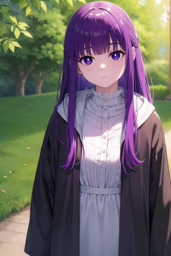 fern, <lora:fernv2-lora-nochekaiser:1>,fern, long hair, bangs, (purple eyes:1.1), purple hair, sidelocks, blunt bangs, (bright pupils:1.5), half updo,BREAK shirt, dress, jacket, white shirt, open clothes, hood, white dress, hood down,BREAK outdoors, sky, nature,BREAK looking at viewer, (cowboy shot:1.5),BREAK <lyco:GoodHands-beta2:1>, (masterpiece:1.2), best quality, high resolution, unity 8k wallpaper, (illustration:0.8), (beautiful detailed eyes:1.6), extremely detailed face, perfect lighting, extremely detailed CG, (perfect hands, perfect anatomy),