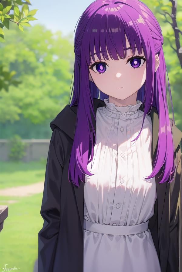 fern, <lora:fernv2-lora-nochekaiser:1>,fern, long hair, bangs, (purple eyes:1.1), purple hair, sidelocks, blunt bangs, (bright pupils:1.5), half updo,BREAK shirt, dress, jacket, white shirt, open clothes, hood, white dress, hood down,BREAK outdoors, sky, nature,BREAK looking at viewer, (cowboy shot:1.5),BREAK <lyco:GoodHands-beta2:1>, (masterpiece:1.2), best quality, high resolution, unity 8k wallpaper, (illustration:0.8), (beautiful detailed eyes:1.6), extremely detailed face, perfect lighting, extremely detailed CG, (perfect hands, perfect anatomy),