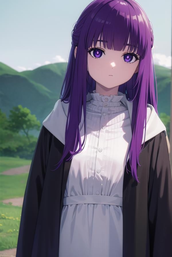 fern, <lora:fernv2-lora-nochekaiser:1>,fern, long hair, bangs, (purple eyes:1.1), purple hair, sidelocks, blunt bangs, bright pupils, half updo,BREAK shirt, dress, jacket, white shirt, open clothes, hood, white dress, hood down,BREAK outdoors, sky, nature,BREAK looking at viewer, (cowboy shot:1.5),BREAK <lyco:GoodHands-beta2:1>, (masterpiece:1.2), best quality, high resolution, unity 8k wallpaper, (illustration:0.8), (beautiful detailed eyes:1.6), extremely detailed face, perfect lighting, extremely detailed CG, (perfect hands, perfect anatomy),